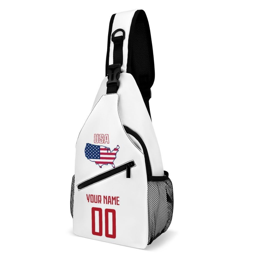 Custom USA Sling Bag - Personalized Name & Number Crossbody Backpack for Soccer, Cycling & Travel - Durable Unisex Chest Bag for Men & Women - Perfect for Sports, Commuting & Outdoor Adventures
