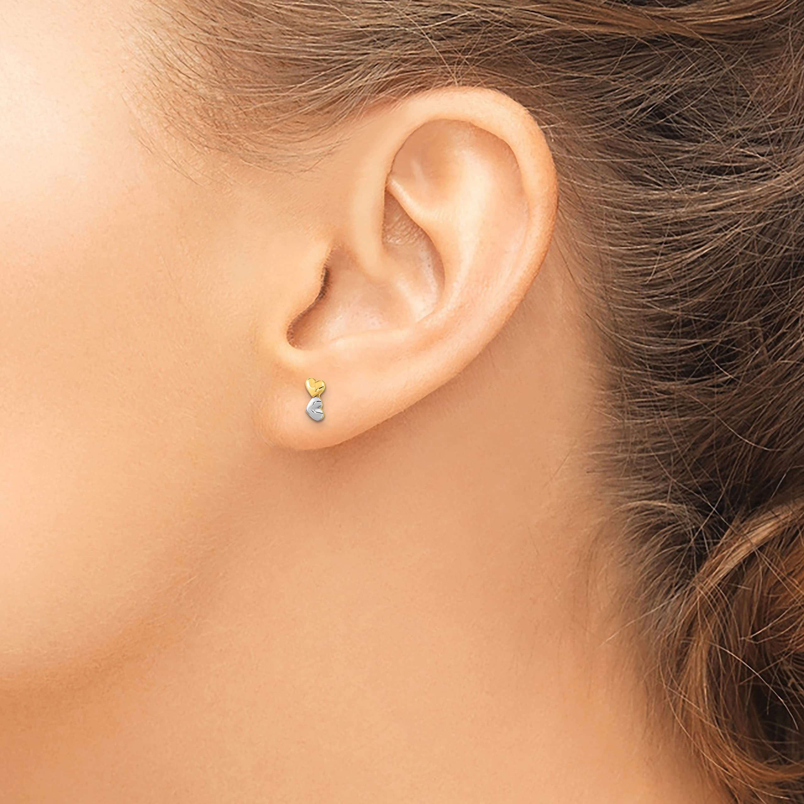 14K Solid Two Tone Gold Double Heart Love Stud Earrings for Women - Romantic Gift for Valentine's Day, Anniversary & Everyday Wear