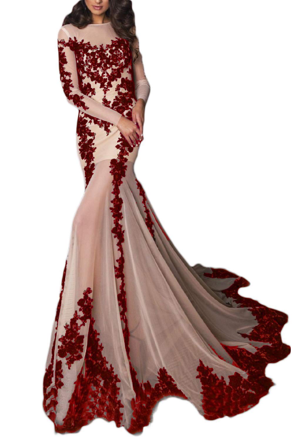 Honeydress Women's Long Sleeve Applique Mermaid Evening Gown with Train - Elegant Formal Prom Party Dress in Black for Weddings, Galas & Special Occasions