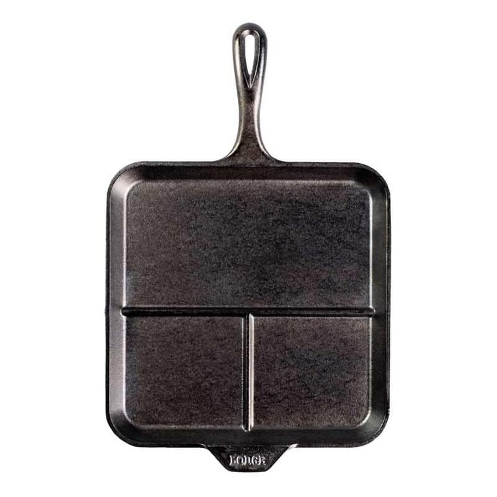 Lodge 11 Inch Square Cast Iron Divided Griddle - Pre-Seasoned, Heavy Duty Skillet for Stovetop, Oven & Grill - Perfect for Pancakes, Burgers & Steaks