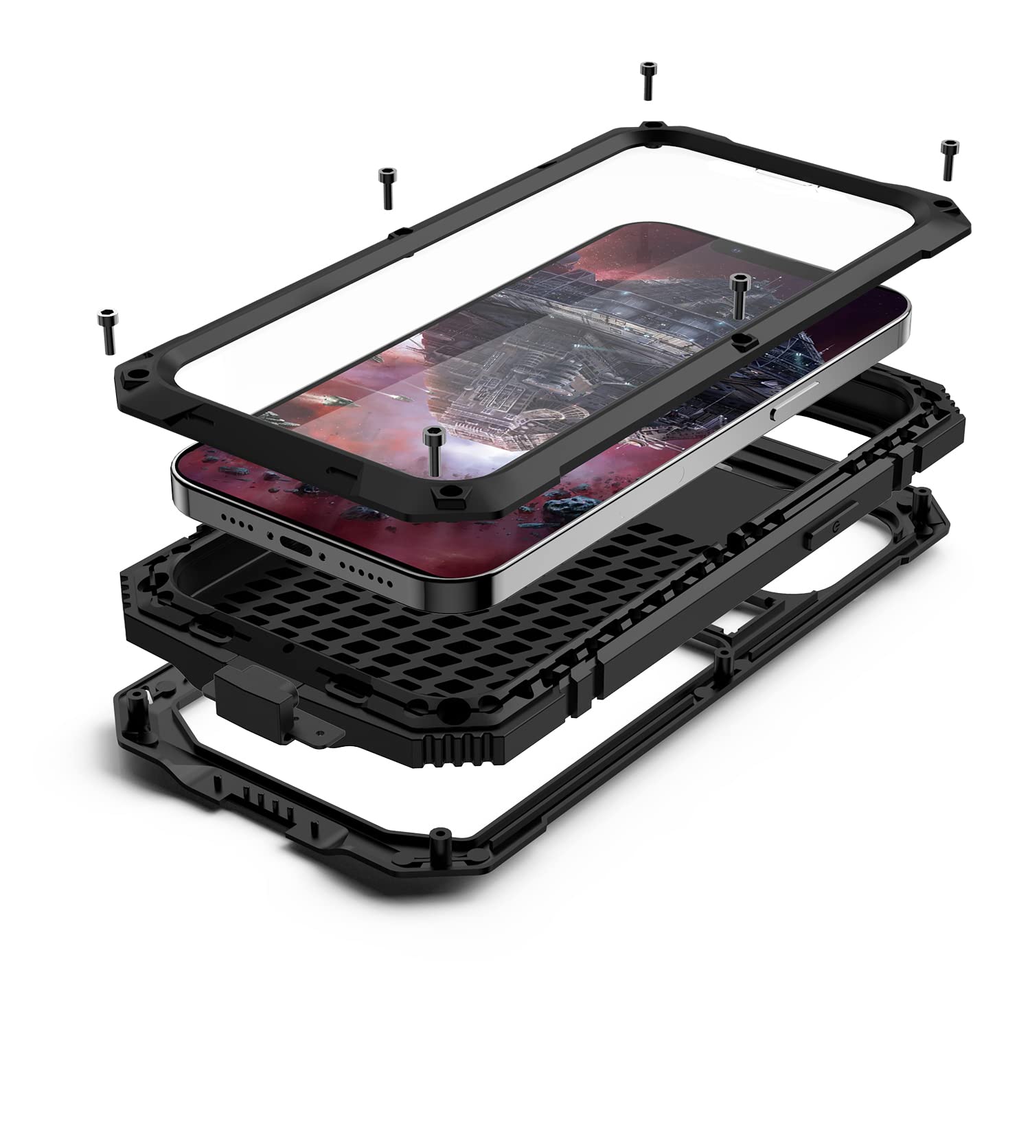 Premium Heavy Duty Shockproof iPhone 13 Pro Max Case (6.7 Inch) - Metal Stand with Built-in Screen Protector for Outdoor Sports & Extreme Protection (2021 Model, Black) | Perfect for Hiking, Travel & Active Lifestyles