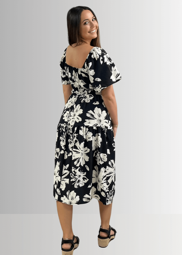 Elegant Black and White Floral Midi Dress for Women - Perfect for Summer Parties, Weddings & Office Wear