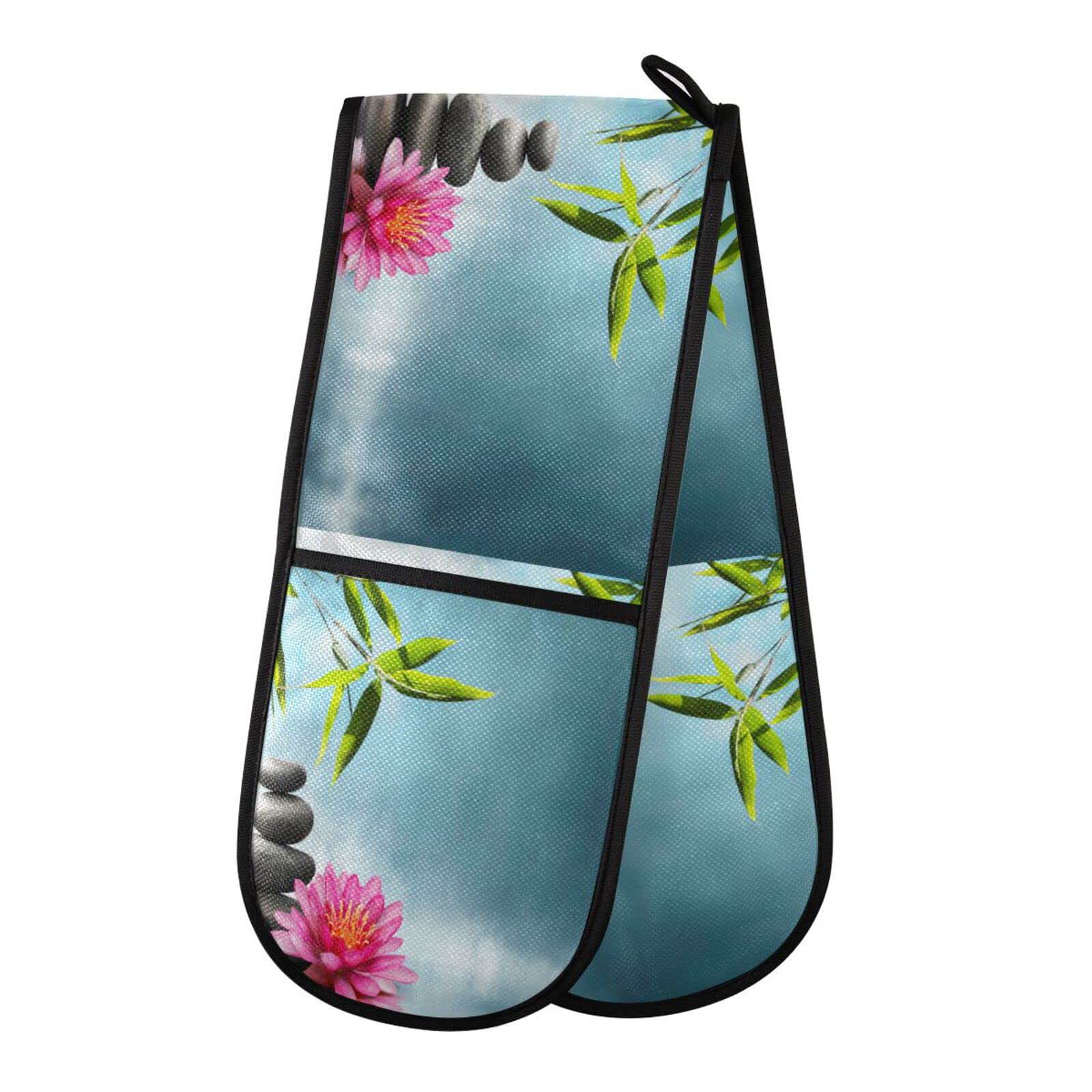 Japanese Style Double Oven Mitts - Heat Resistant Quilted Cotton Cooking Gloves for Baking, Grilling & Handling Hot Pans - Insulated Protection with Floral Leaf Design - Easy to Clean (35x7 Inches) - Perfect for Kitchen, BBQ & Outdoor Cooking