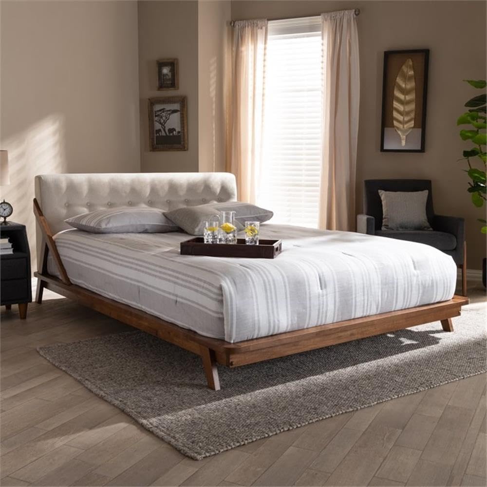 Allora Mid-Century Modern Queen Size Platform Bed Frame - Light Beige/Walnut Brown Wooden Bed - Perfect for Contemporary Bedrooms & Guest Rooms