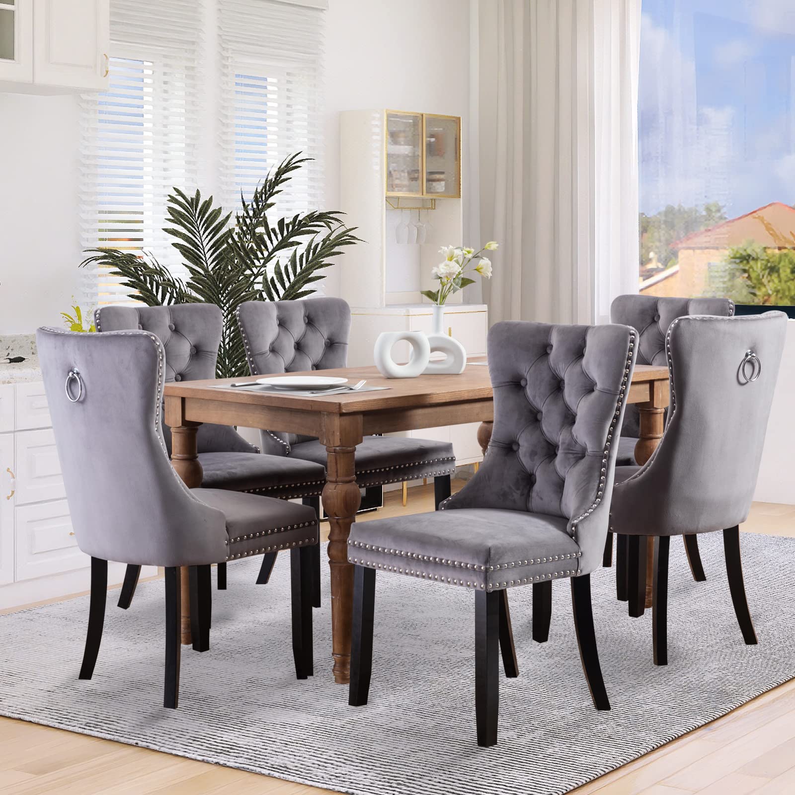 SoarFlash 6-Piece Velvet Dining Chairs Set - Modern Upholstered Tufted High Back Side Chairs with Button Back Ring & Solid Wood Legs, Gray - Perfect for Dining Room, Kitchen, Restaurant and Home Decor