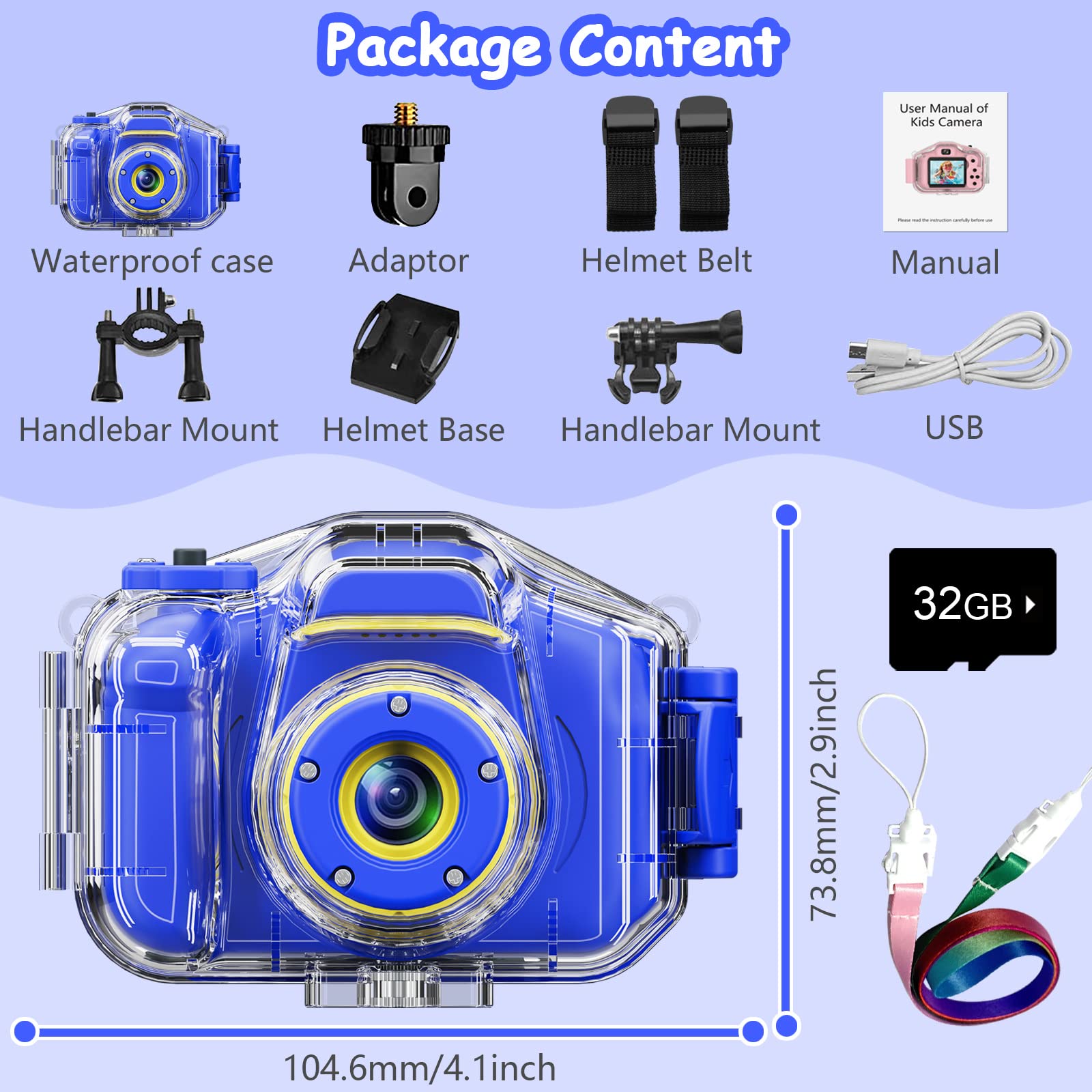 DEKER Kids Waterproof Camera - HD Digital Action Camcorder for Children Ages 3-12 | Underwater & Outdoor Adventure Camera with 2 Inch IPS Screen & 32GB Card | Perfect Christmas Birthday Gift for Boys & Girls (Dark Blue) | Great for Swimming, Beach Vacations & Family Travel