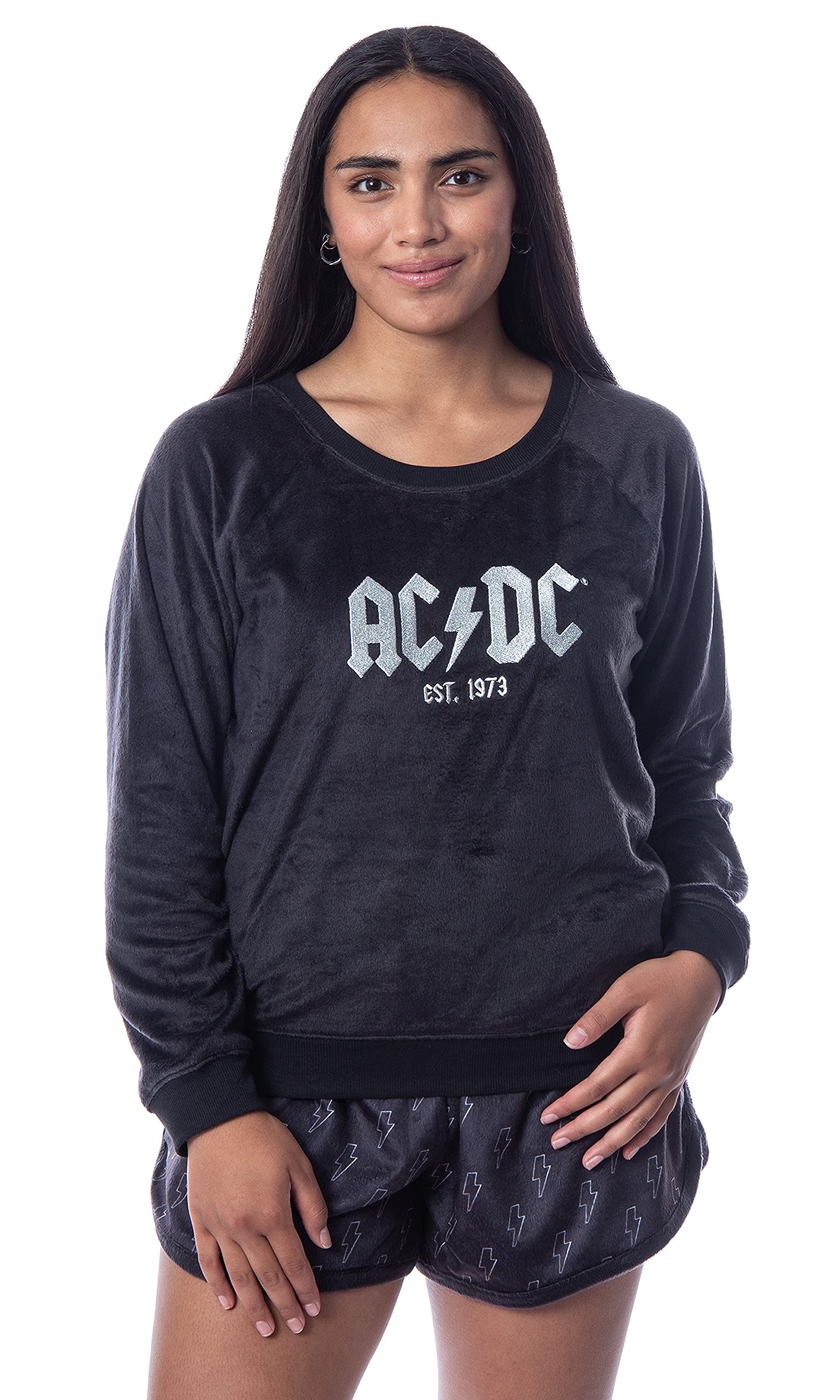 INTIMO AC/DC Women's Classic Logo Band Sweater & Shorts Pajama Set - Soft Cotton Sleepwear for Lounge, Bedtime & Relaxation