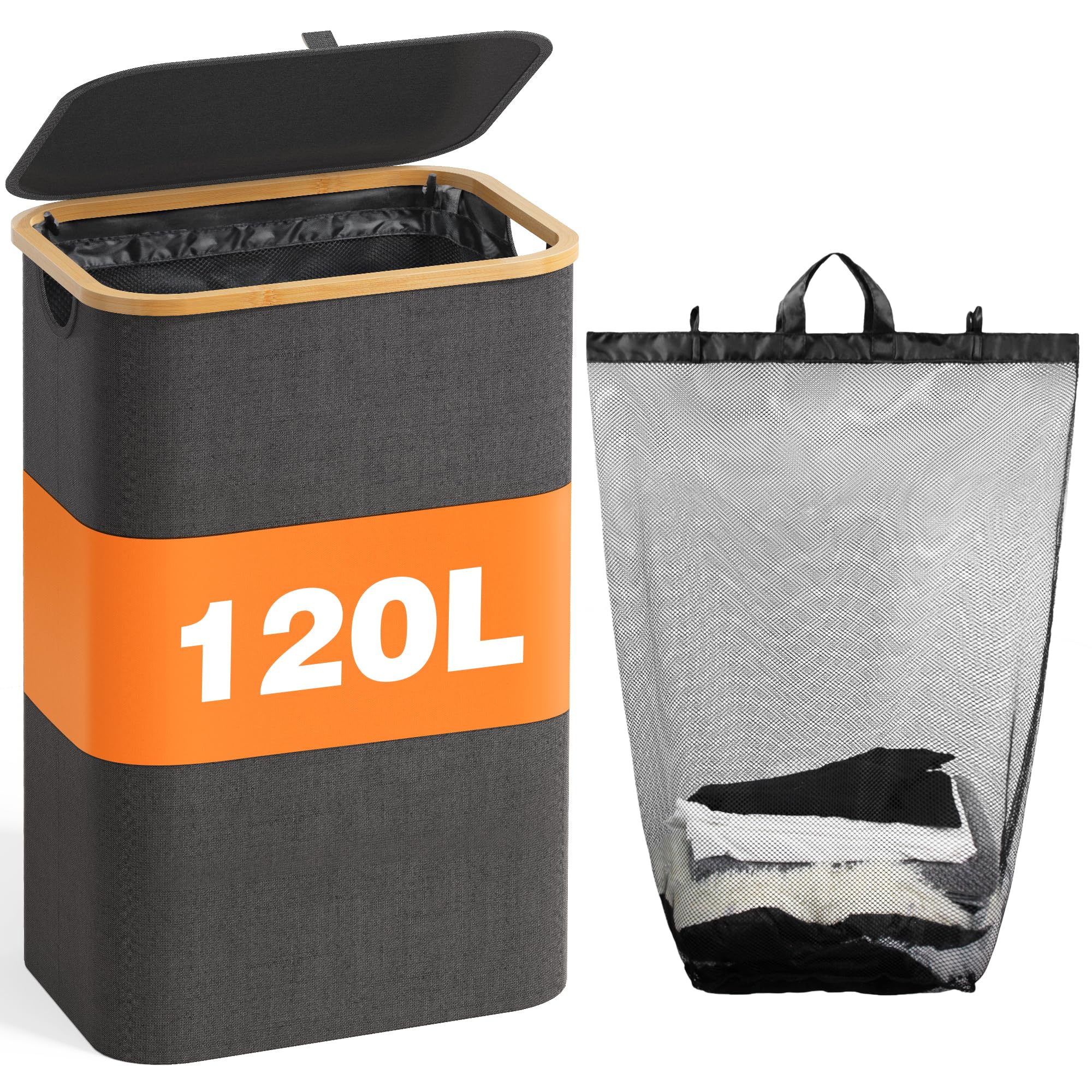 120L Large Collapsible Laundry Hamper with Lid - Dark Grey Laundry Basket for Dirty Clothes | Space-Saving Storage Solution for Small Spaces, Bedroom, Bathroom & Laundry Room | Perfect for Home Organization & College Dorm Essentials