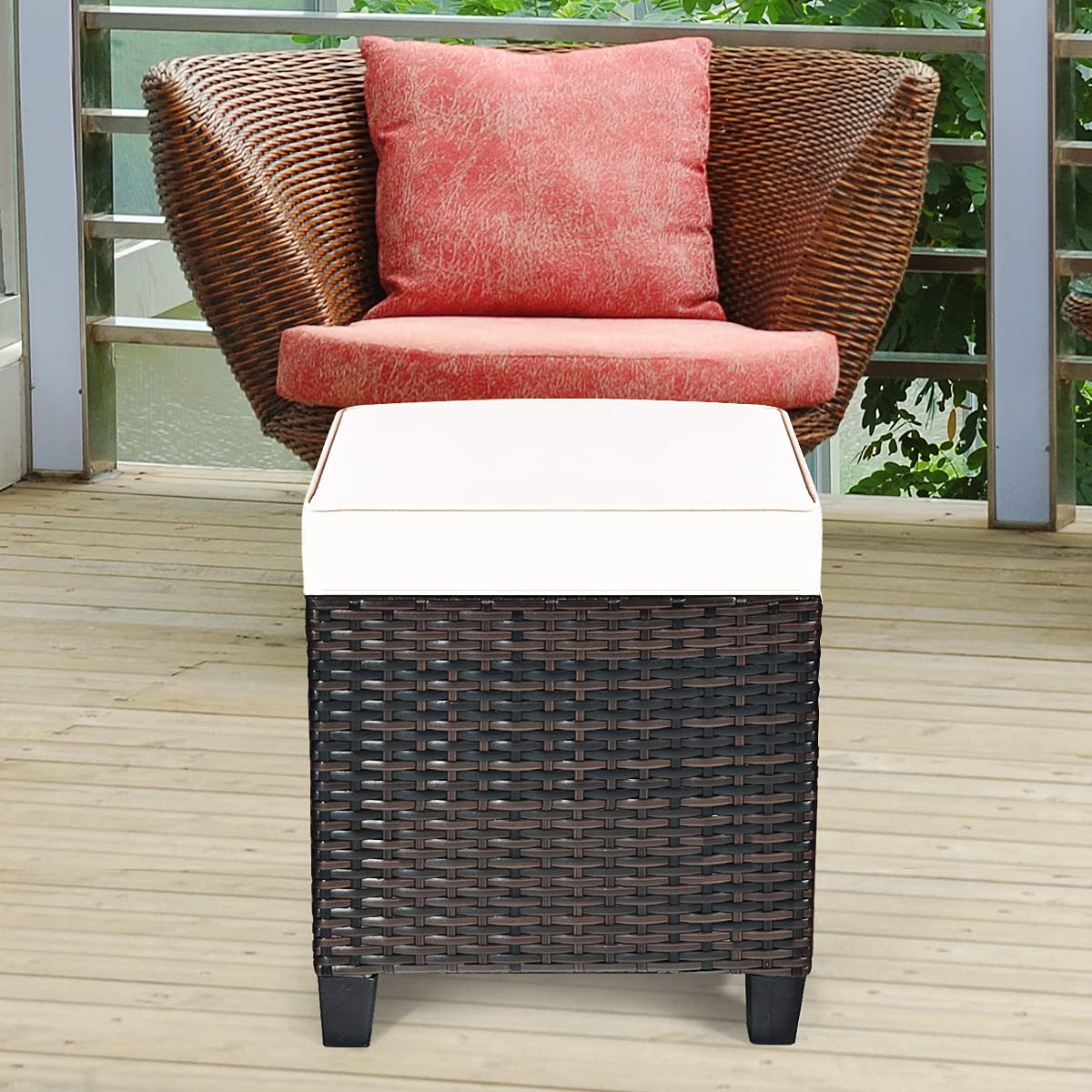 2PCS Rattan Wicker Ottoman Set with Removable Cushions - Patio Footstool Footrest Seat for Outdoor Living, Garden, Backyard & Home Decor (Cream) | Perfect for Relaxing, Coffee Tables, and Lounge Chairs