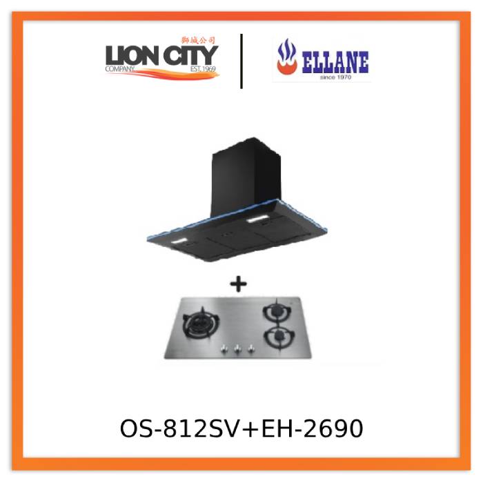 Ellane EH 2690 90cm Black Designer Chimney Range Hood + Ellane OS 812SV 86cm 3-Burner Stainless Steel Gas Cooktop - Modern Kitchen Ventilation & Cooking Combo for Home Chefs