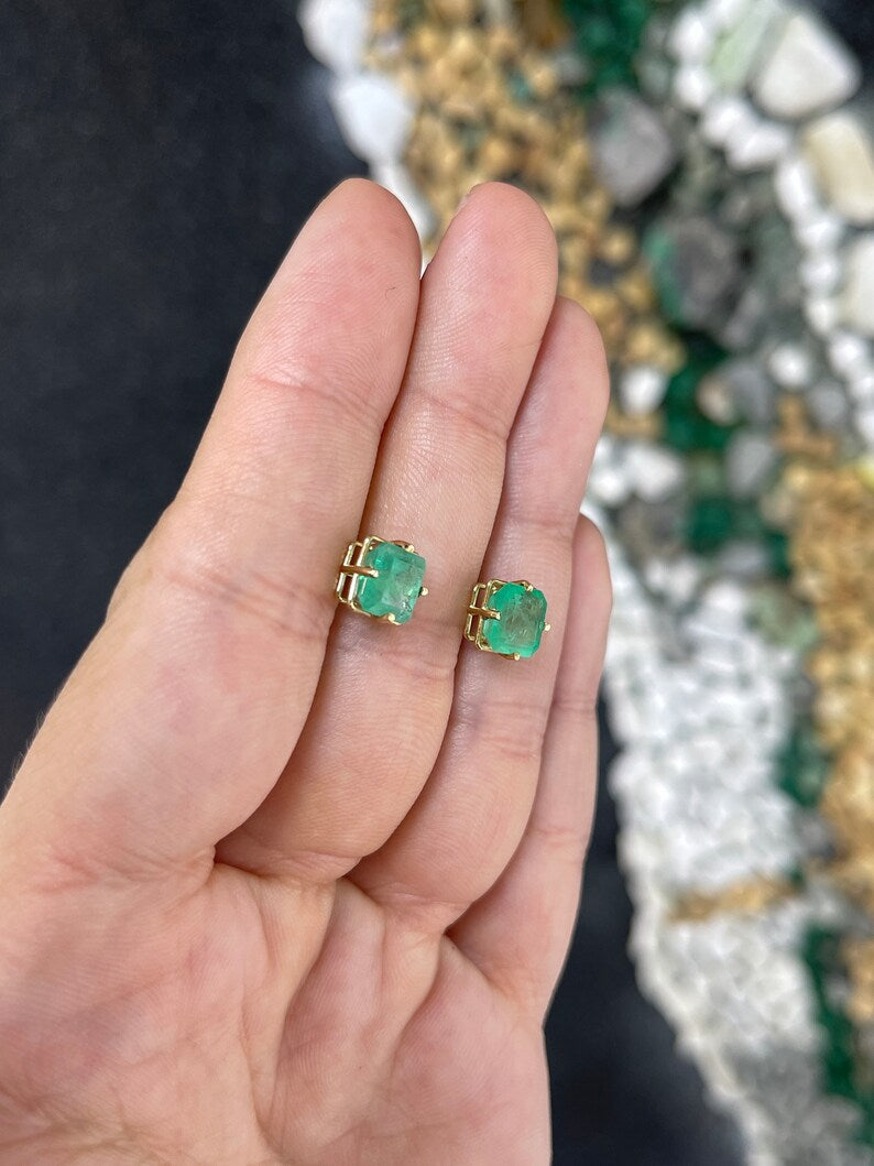 3.99tcw 14K Gold Asscher Cut 4-Prong Medium Green Emerald Stud Earrings for Men & Women | Perfect for Weddings, Parties & Everyday Wear