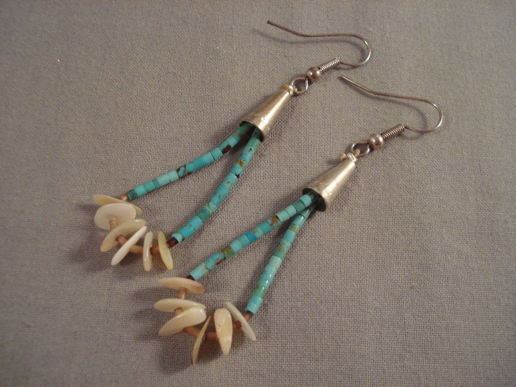 Vintage Santo Domingo Navajo Turquoise Heishi Native American Jewelry Sterling Silver Shell Earrings - Handmade Southwest Boho Style for Women, Perfect for Festivals & Boho Fashion