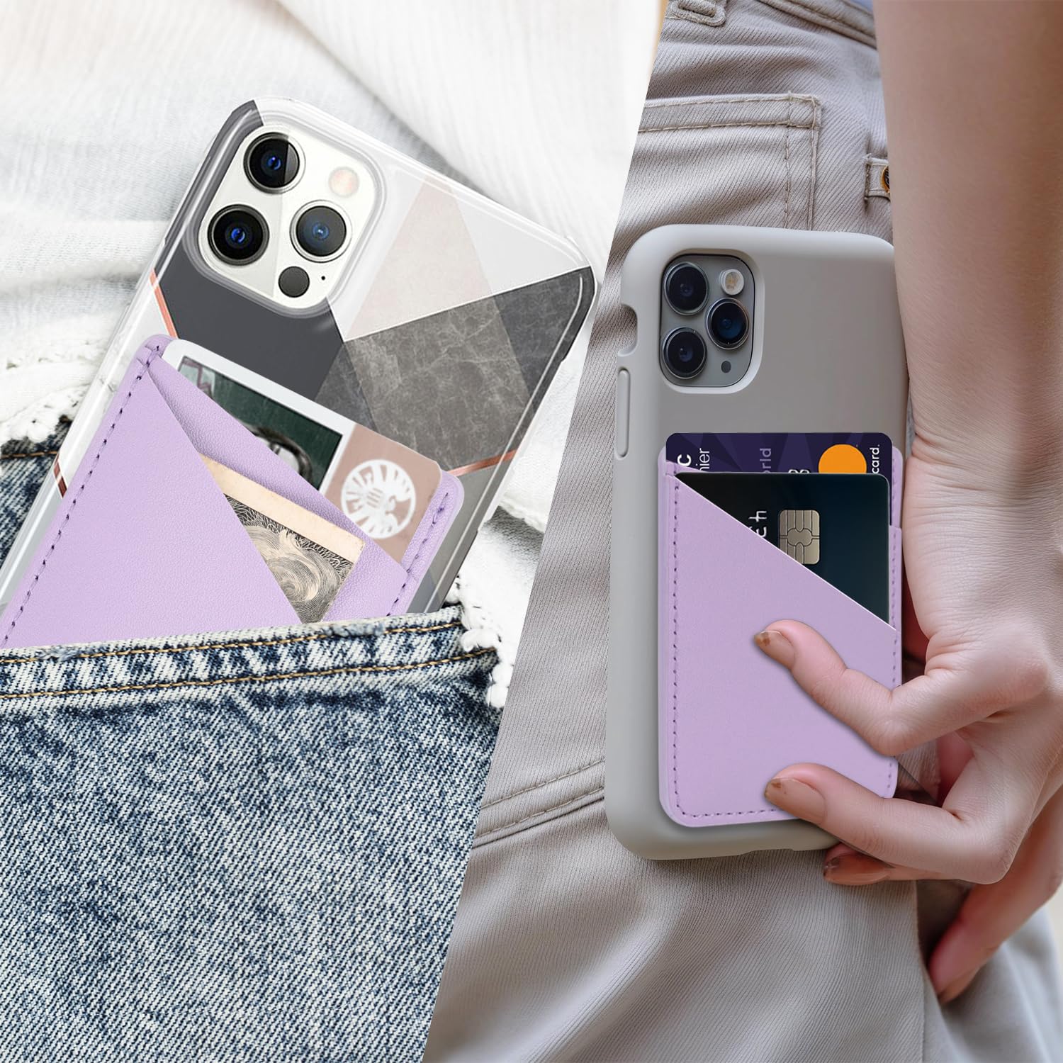 2 Pack Leather Phone Wallet Case with Dual Pockets - Slim Credit Card Holder for iPhone, Samsung & All Smartphones (Purple & White) | Perfect for Hands-Free Shopping, Travel & Everyday Use