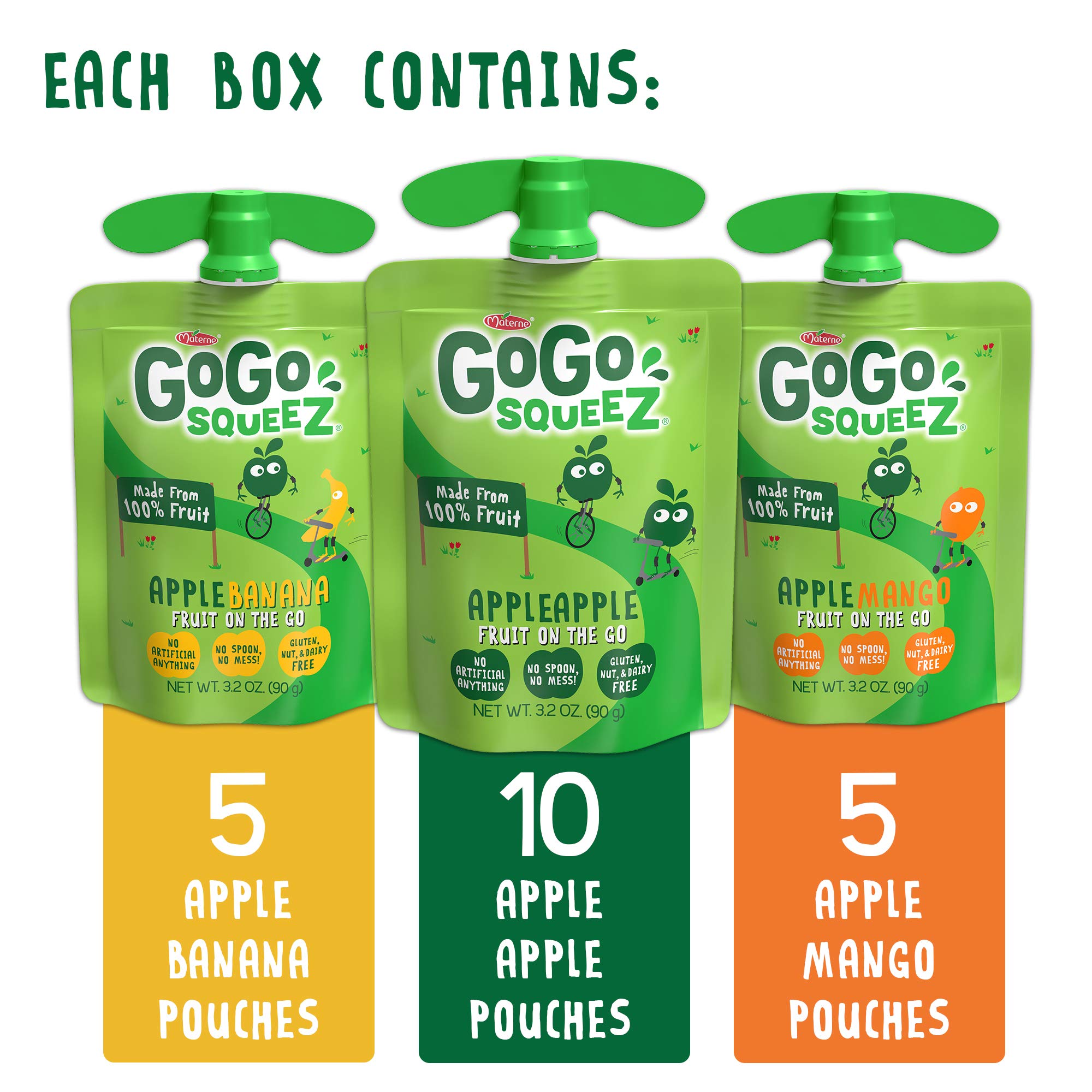 GoGo squeeZ Unsweetened Fruit Snacks for Kids - Apple, Mango & Banana Variety Pack (38 Pouches) | Healthy On-the-Go Snack for School, Travel & Lunchboxes
