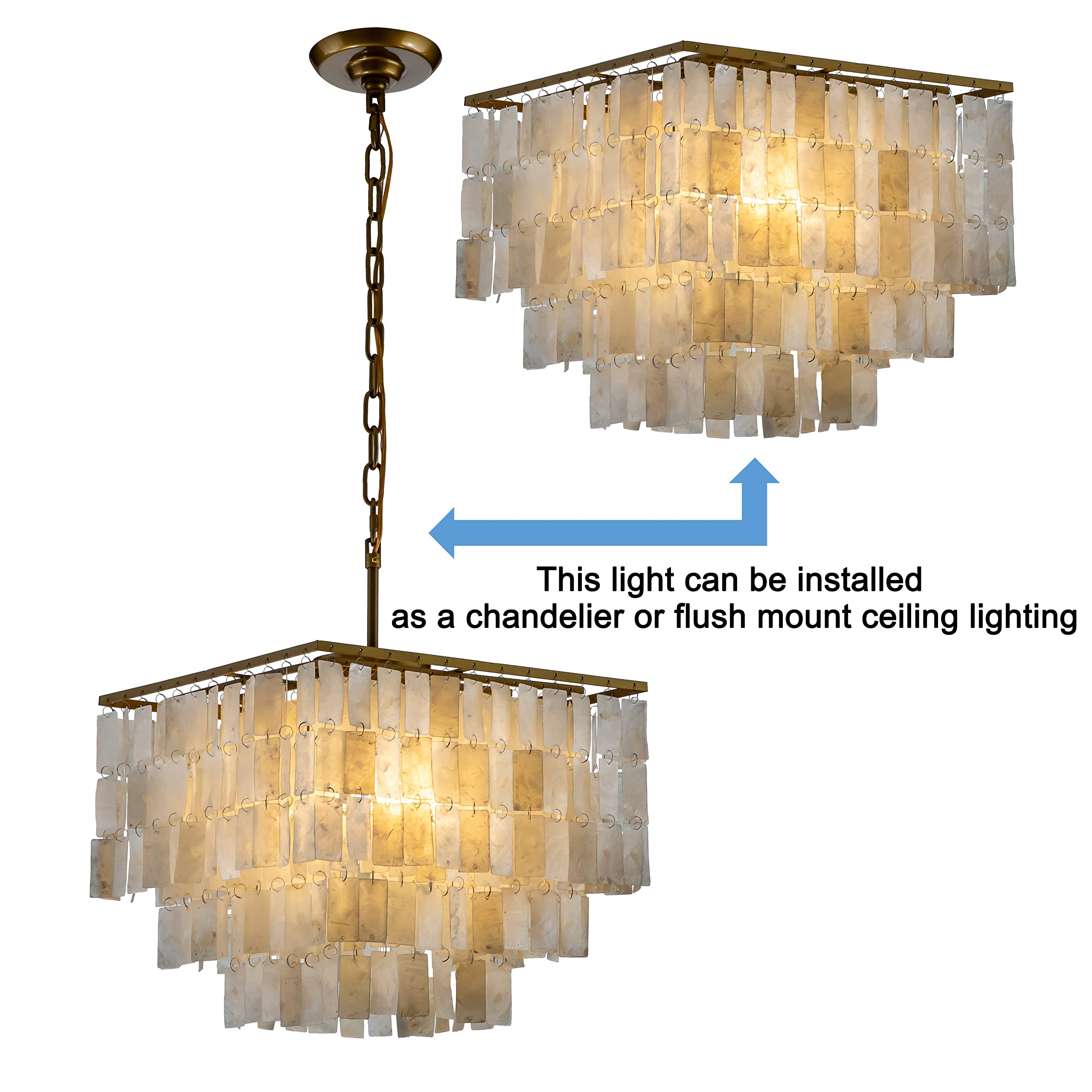 3-Light Square Antique Brass Chandelier with Rectangle Capiz Natural Seashells - Modern Farmhouse Ceiling Light Fixture - 15.7 Inch Wide - Perfect for Living Room, Dining Room, Bedroom, Foyer & Entryway Lighting