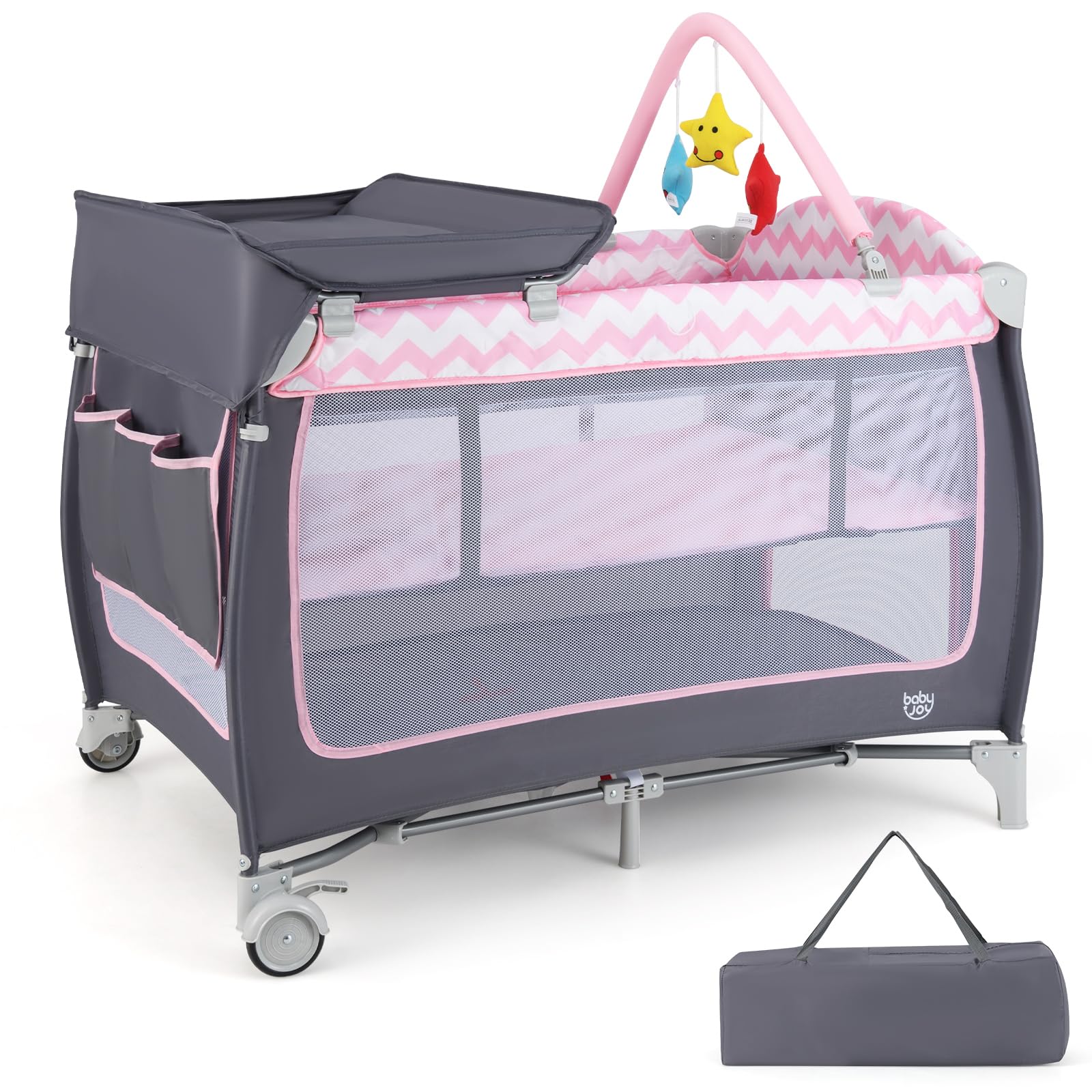 BABY JOY 4-in-1 Portable Playard with Bassinet, Changing Table & Toy Bar - Side Zipper Door, Lockable Wheels & Carry Bag - Indoor, Outdoor & Travel Nursery Center for Babies & Toddlers - Perfect for Home, Travel & Playtime