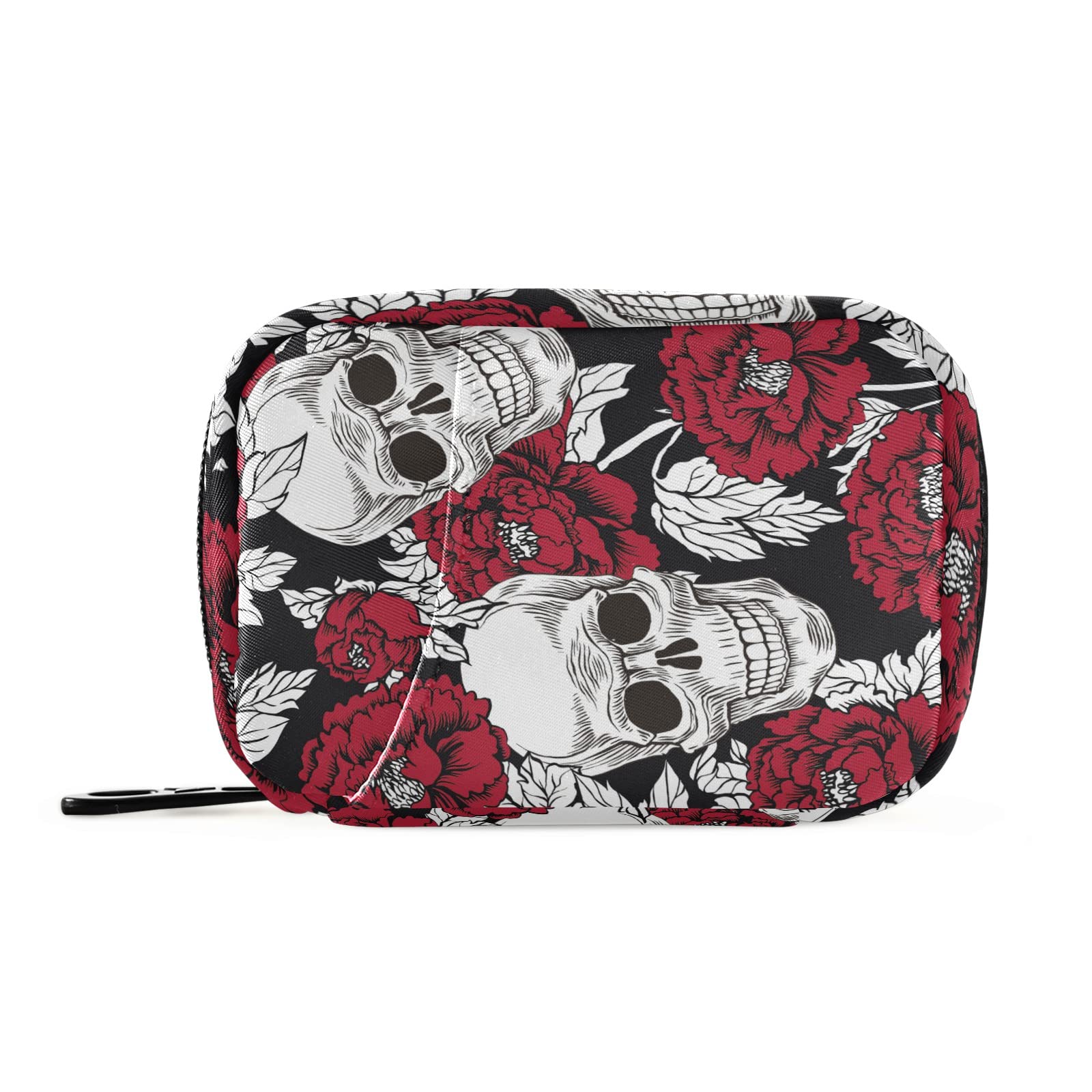 Red Flower and Skull 7-Day Travel Pill Organizer - Weekly Cute Pill Box Case with Vitamin Compartments | Perfect for Daily Medication, Travel & Work