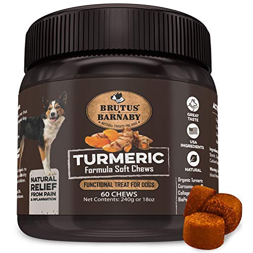 BRUTUS & BARNABY Organic Turmeric Soft Chews for Dogs with Curcumin, Collagen & Bioprene - Hip & Joint Support, Reduces Arthritis Inflammation & Pain Relief - Perfect for Senior Dogs & Active Pets