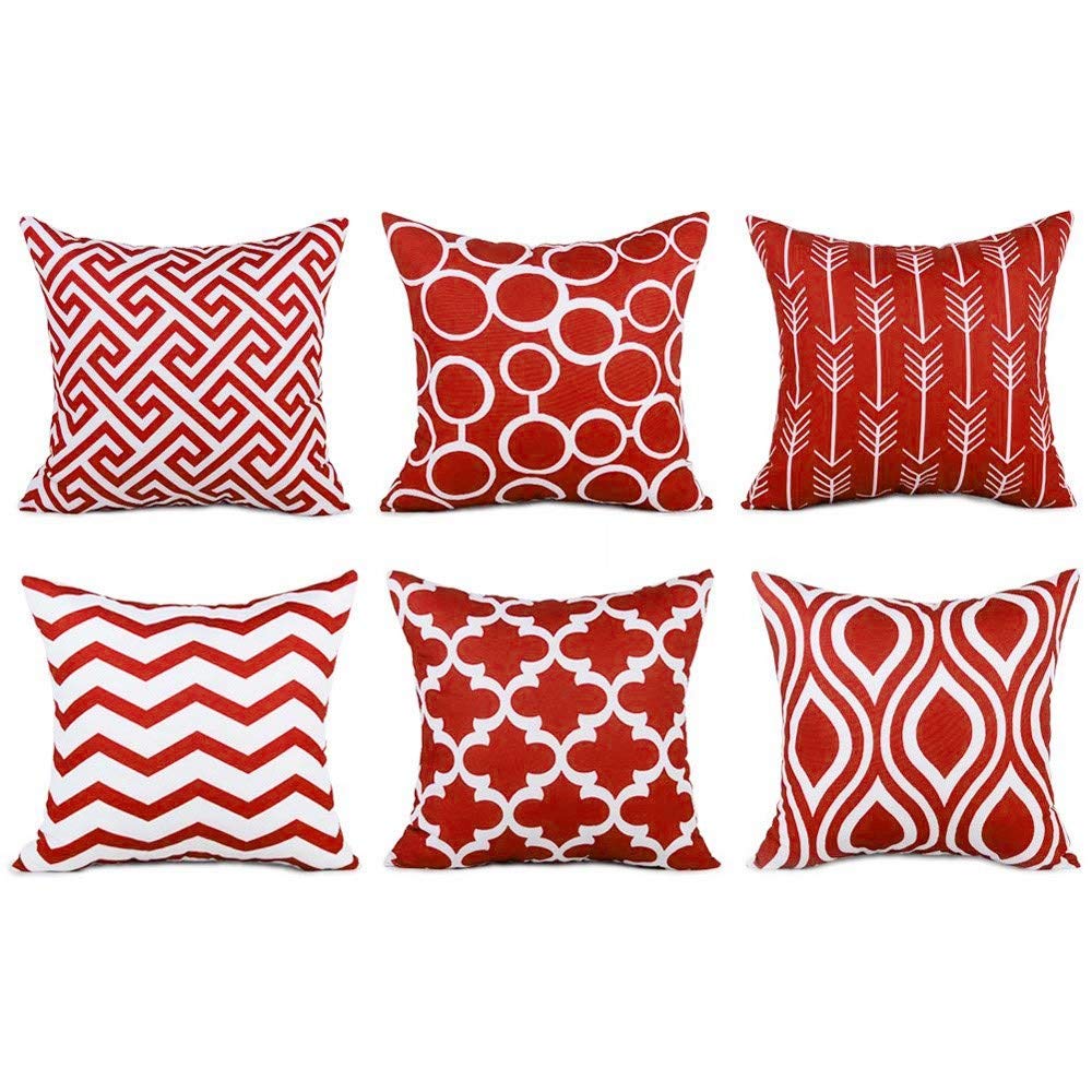 6-Piece Decorative Cotton Linen Cushion Cover Set with Zipper Closure - Sofa Throw Pillow Cases for Living Room, Bedroom (Red, One Size) - Perfect for Home Decor, Cozy Seating & Seasonal Styling