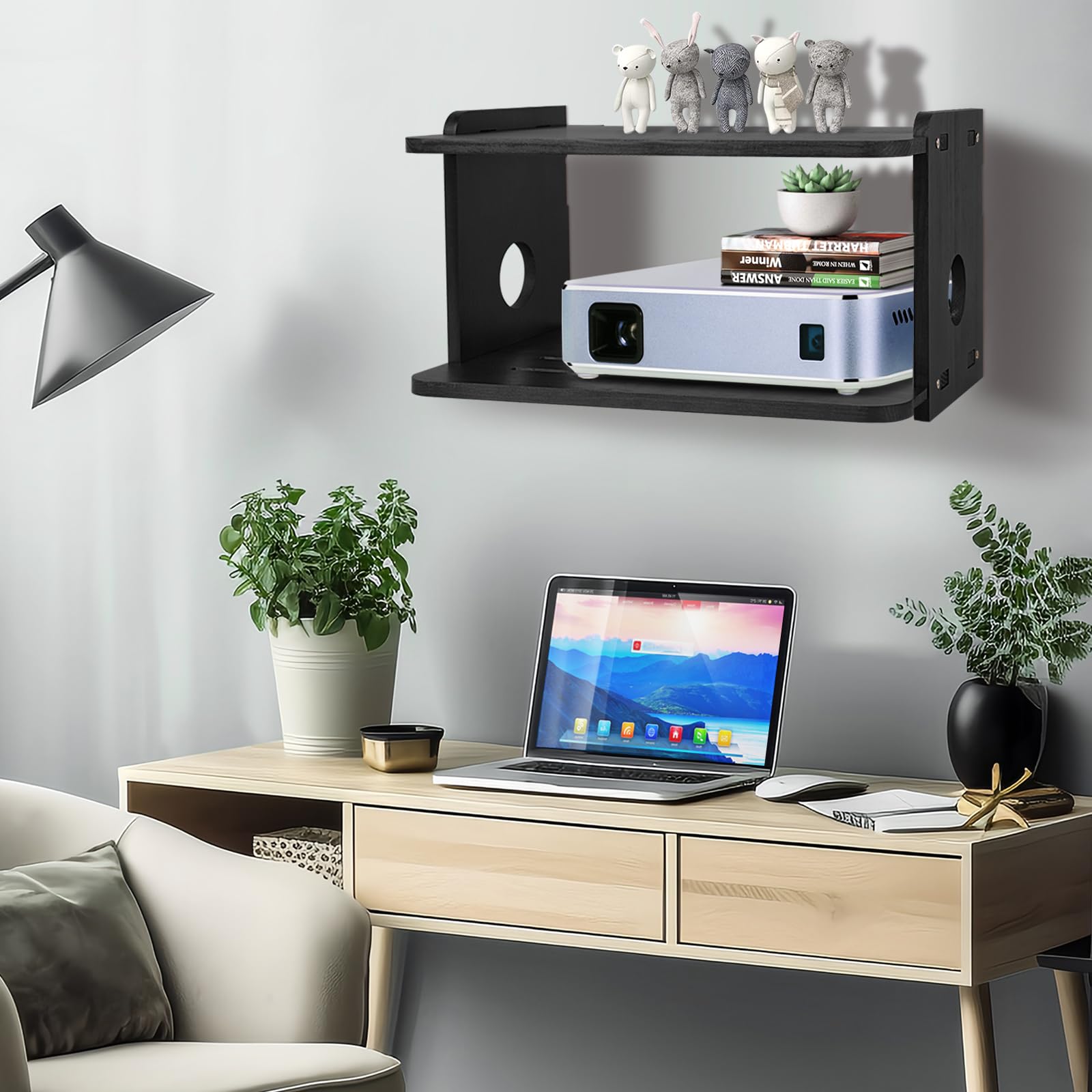 Wooden Projector Wall Mount Shelf - Floating Projector Stand, Rack Holder & Mount for Xbox Series, PS5, PS4 - Router & Modem Storage Box with Cable Management - Perfect for Home Theater & Gaming Setup