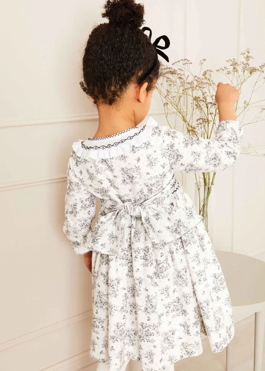 Black and White Toile Dress for Baby Girls - Vintage Floral Print Cotton Dress - Perfect for Photoshoots, Parties & Special Occasions