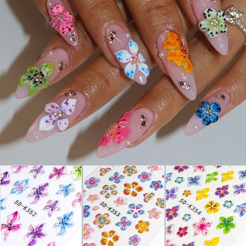 5D Elegant Pink Lily Embossed Nail Stickers - DIY Nail Art Decals for Women, Salon Quality Nail Wraps - Perfect for Parties, Weddings & Special Occasions