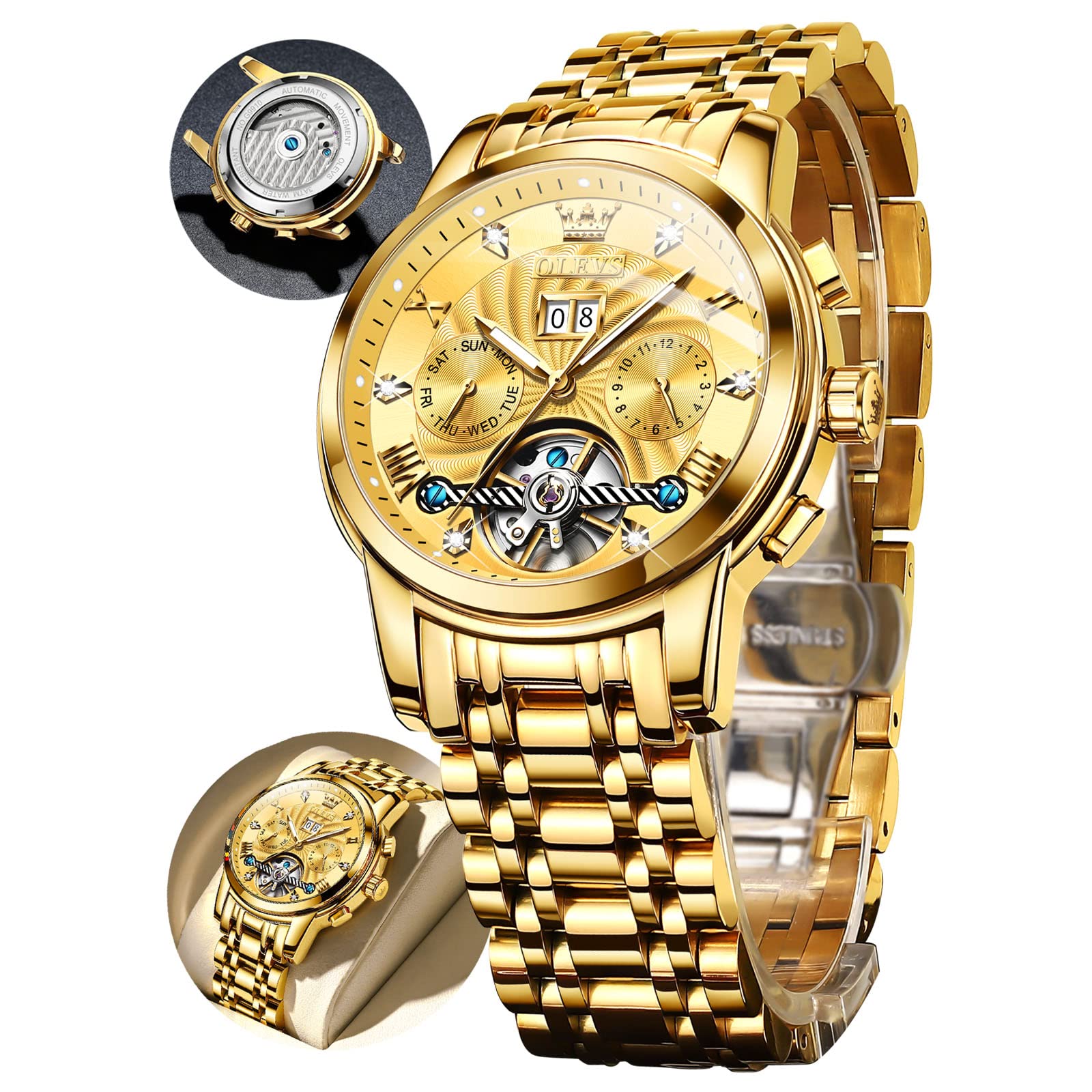 OLEVS Men's Automatic Tourbillon Self-Winding Watch - Luxury Mechanical Stainless Steel Strap with Day/Date, Luminous & Waterproof - Perfect for Business, Formal Events & Everyday Wear