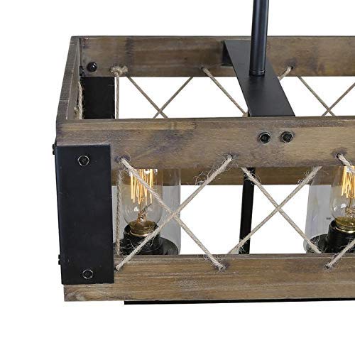 Farmhouse Chandelier 5-Light Kitchen Island Pendant Lighting - 32 Inch Rustic Wood & Black Finish with Clear Glass Shades - Perfect for Dining Room, Kitchen Island, and Farmhouse Decor