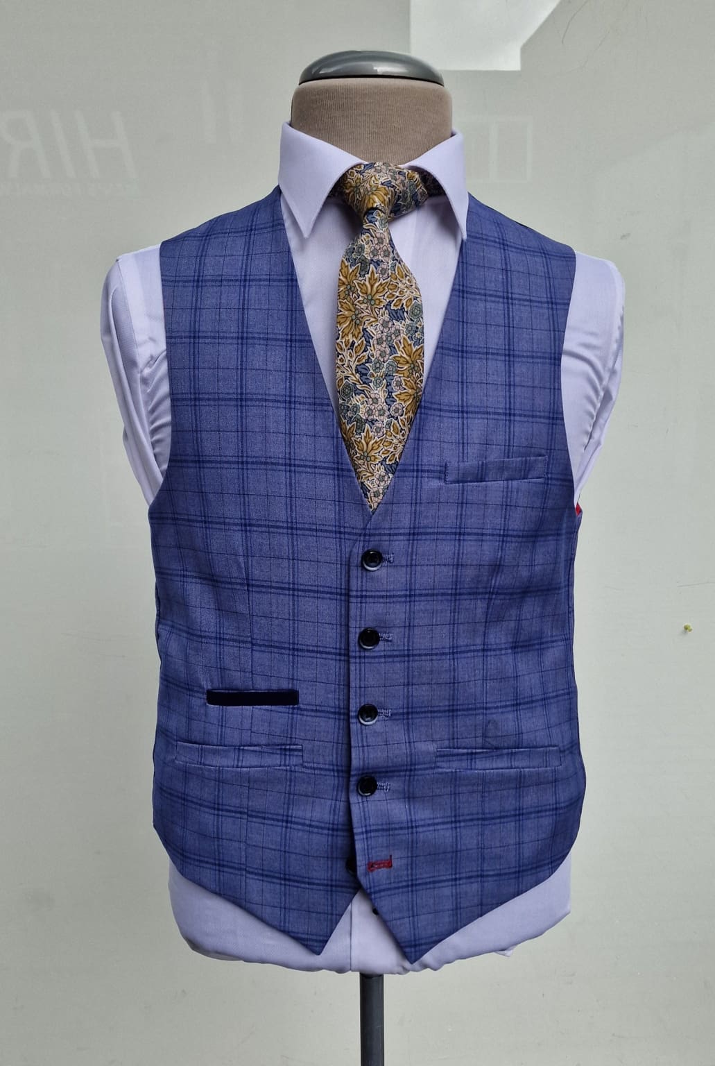Cavani Tamara Blue Check Tailored Fit 3 Piece Suit for Men - Size 36R Jacket with 32R Trousers - Premium Business Formal Wear for Office, Weddings & Special Occasions