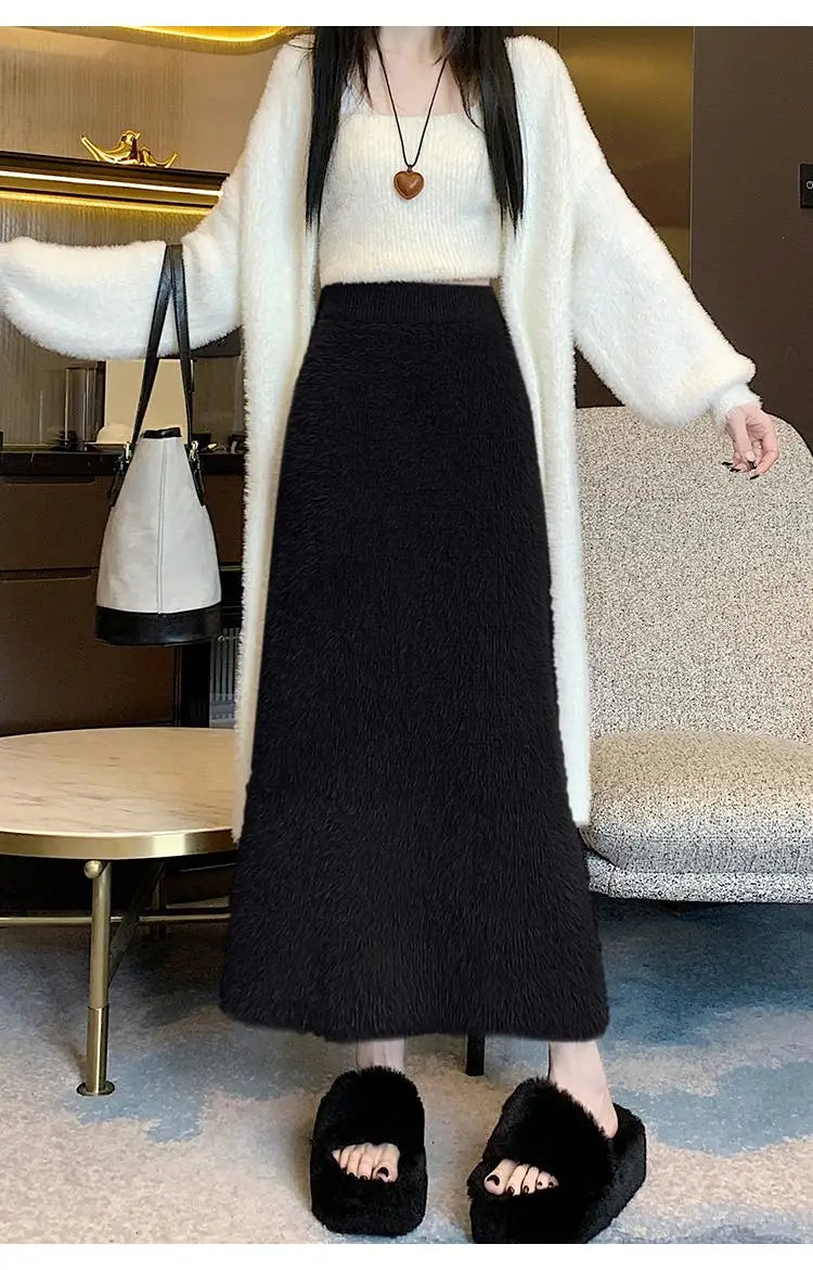 Elegant Black & White Mink Long Skirt for Women - High Waist Elastic French Knit Skirt | Winter 2024 Fashion Trend | Perfect for Vacation, Party & Office Wear