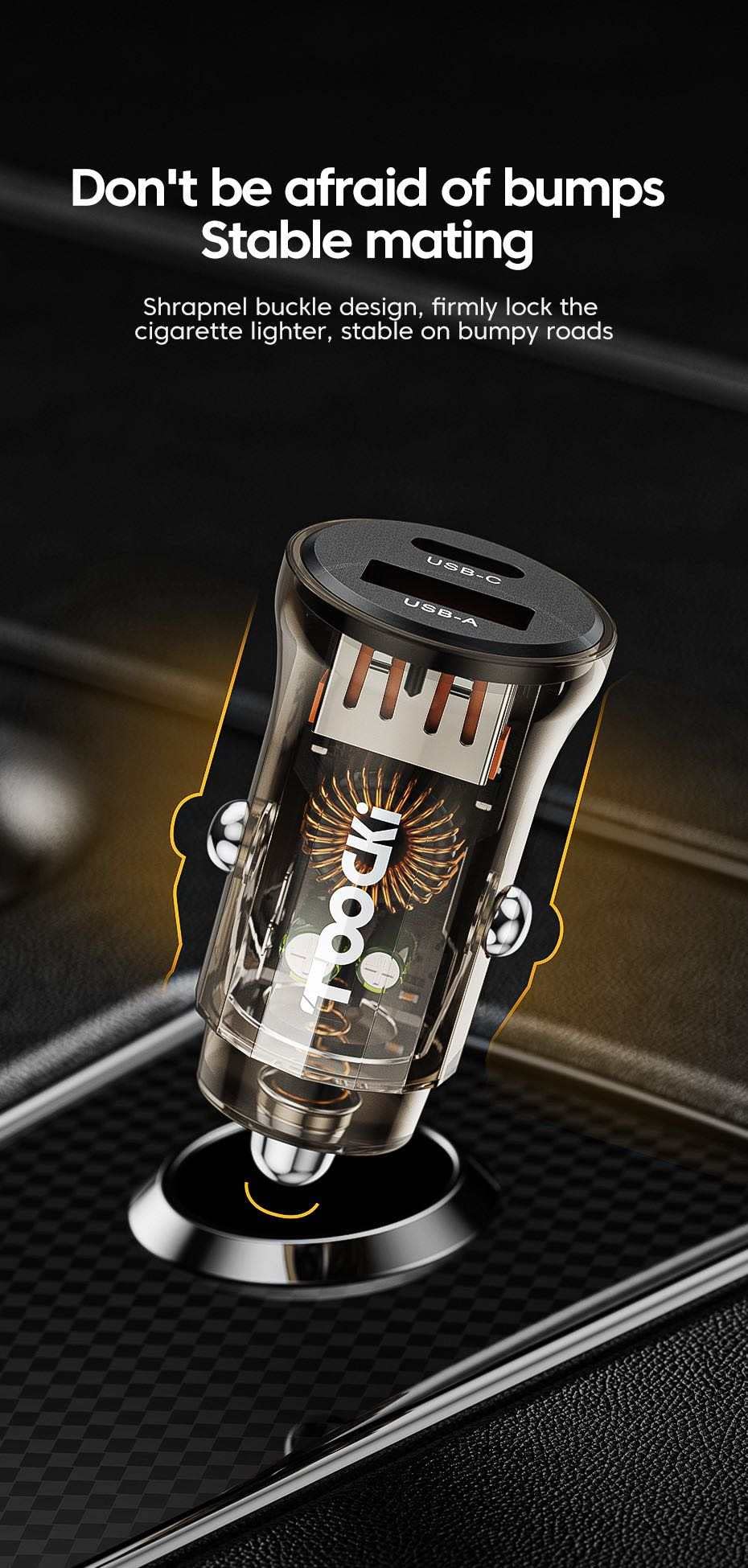 Compact 4.8A Fast Car Charger with USB-C & USB-A Ports - Flush Fit Design for iPhone 14/13/12/11/8/X, iPad, Samsung Galaxy - Perfect for Road Trips & Daily Commuting (Transparent Brown)
