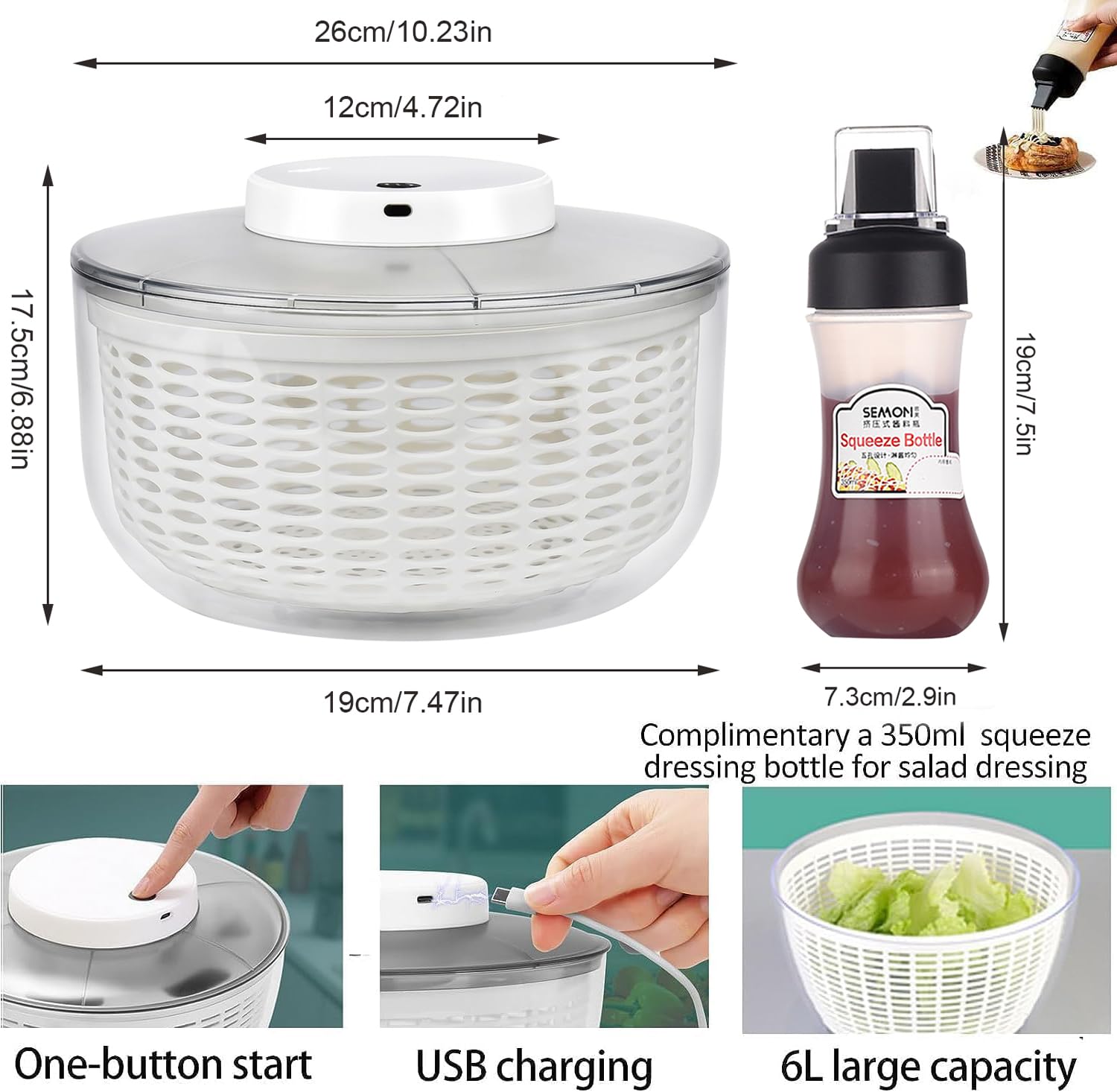 6.3 Qt Electric Salad Spinner with 350ml Squeeze Bottle - Large Lettuce Dryer, Salad Mixer & Fruit Washer - Spin & Dry Greens, Fruits, Vegetables - Compact Kitchen Tool (White) - Perfect for Healthy Meal Prep, Quick Salad Making & Fresh Produce Cleaning