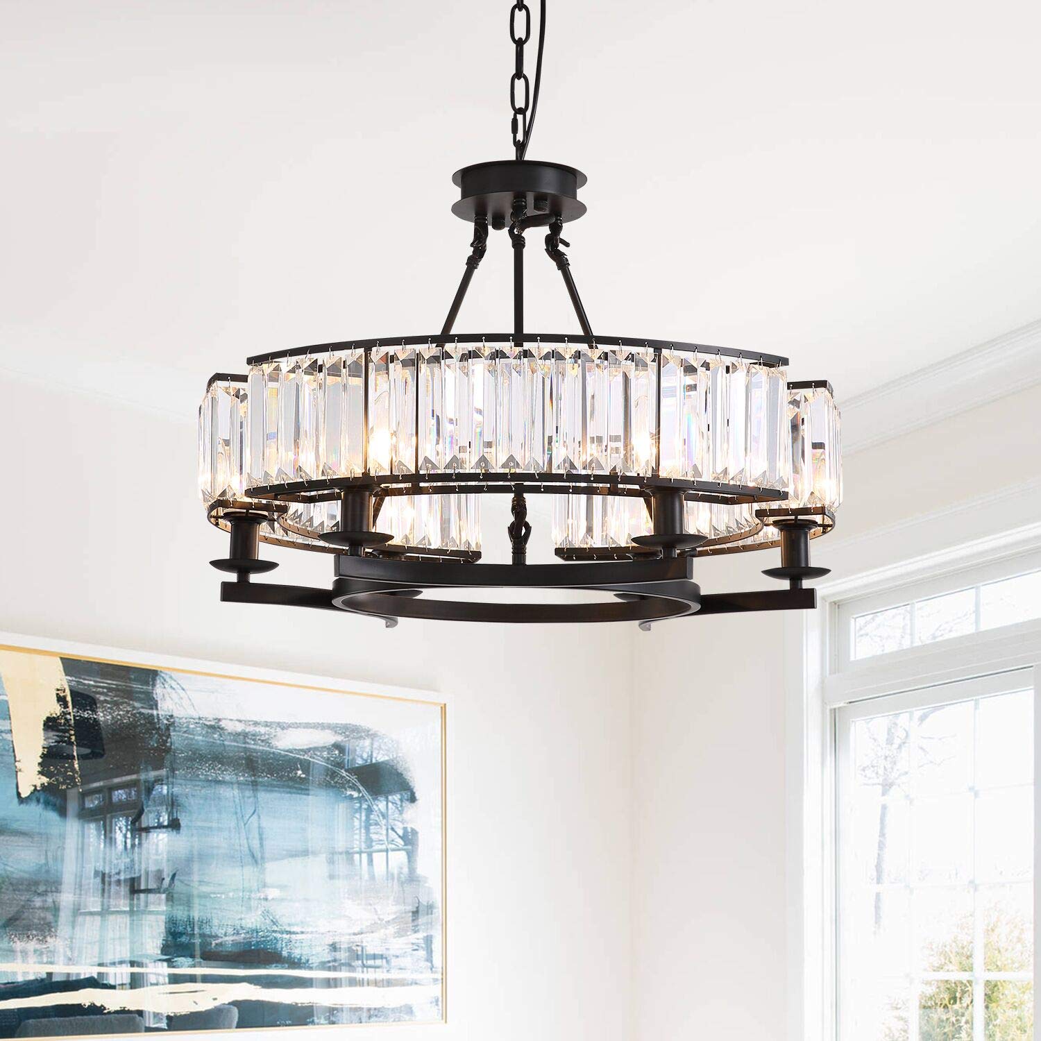 Vintage Farmhouse Round Crystal Chandelier with Black Frame - Rustic Pendant Lighting Fixture for Dining Room, Bedroom & Living Room | Elegant Ceiling Light for Home Decor, Wedding Venues and Restaurants