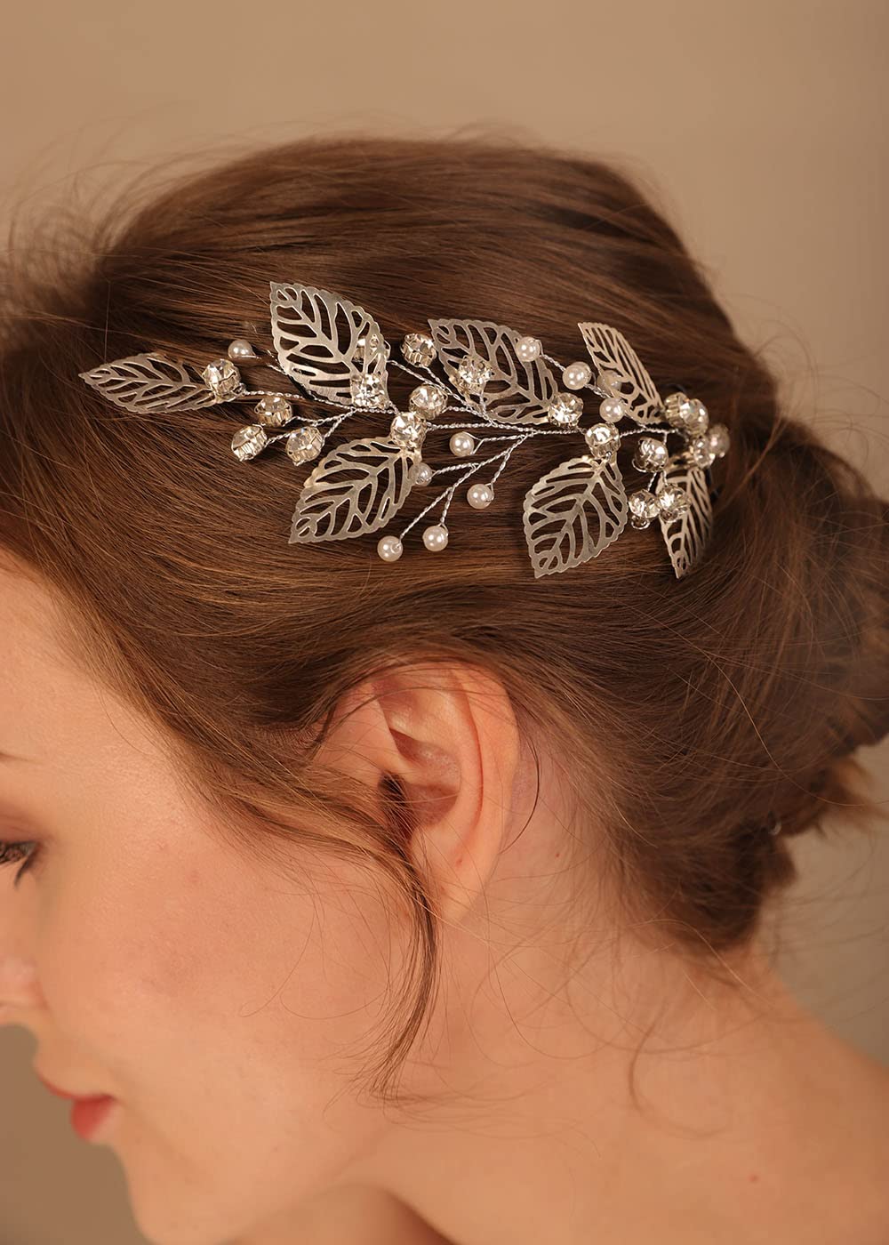Denifery Rose Gold Leaves Hair Vine with Pearls - Elegant Bridal Hair Accessories for Weddings, Prom & Special Events (Silver)