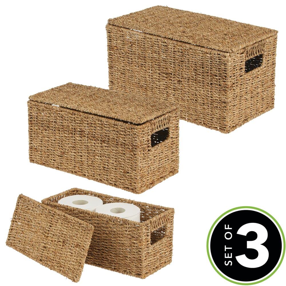 Natural Woven Seagrass Storage Baskets with Removable Lids - Set of 3 for Closet, Bedroom, Bathroom & Office Organization | Eco-Friendly Home Decor for Laundry, Entryway & Shelf Storage