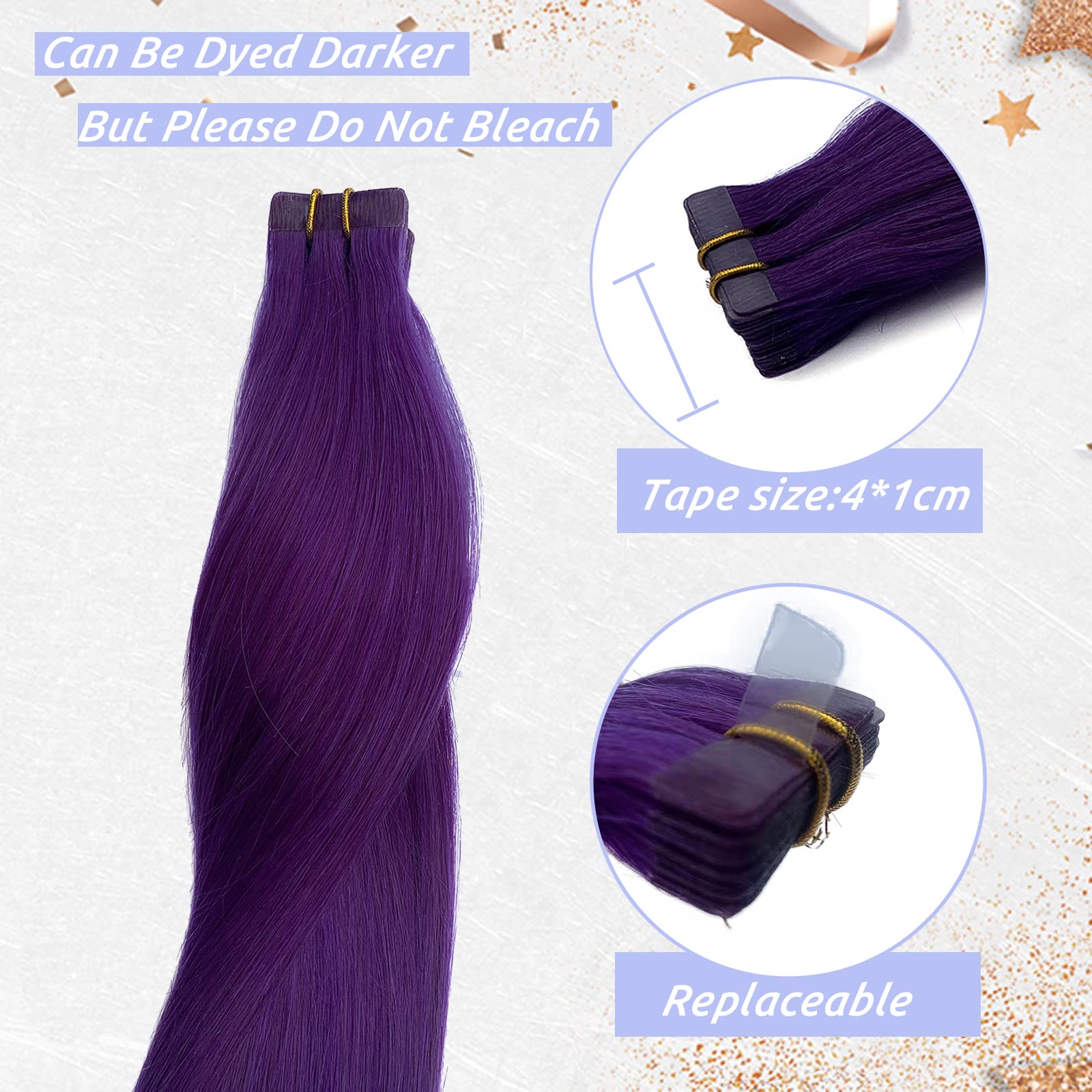 Smavida 20inch Tape in Hair Extensions - 100% Human Remy Hair, Soft Straight Seamless Skin Weft, Purple Highlights (20pcs, 50g/pack) - Perfect for Parties, Weddings & Daily Styling