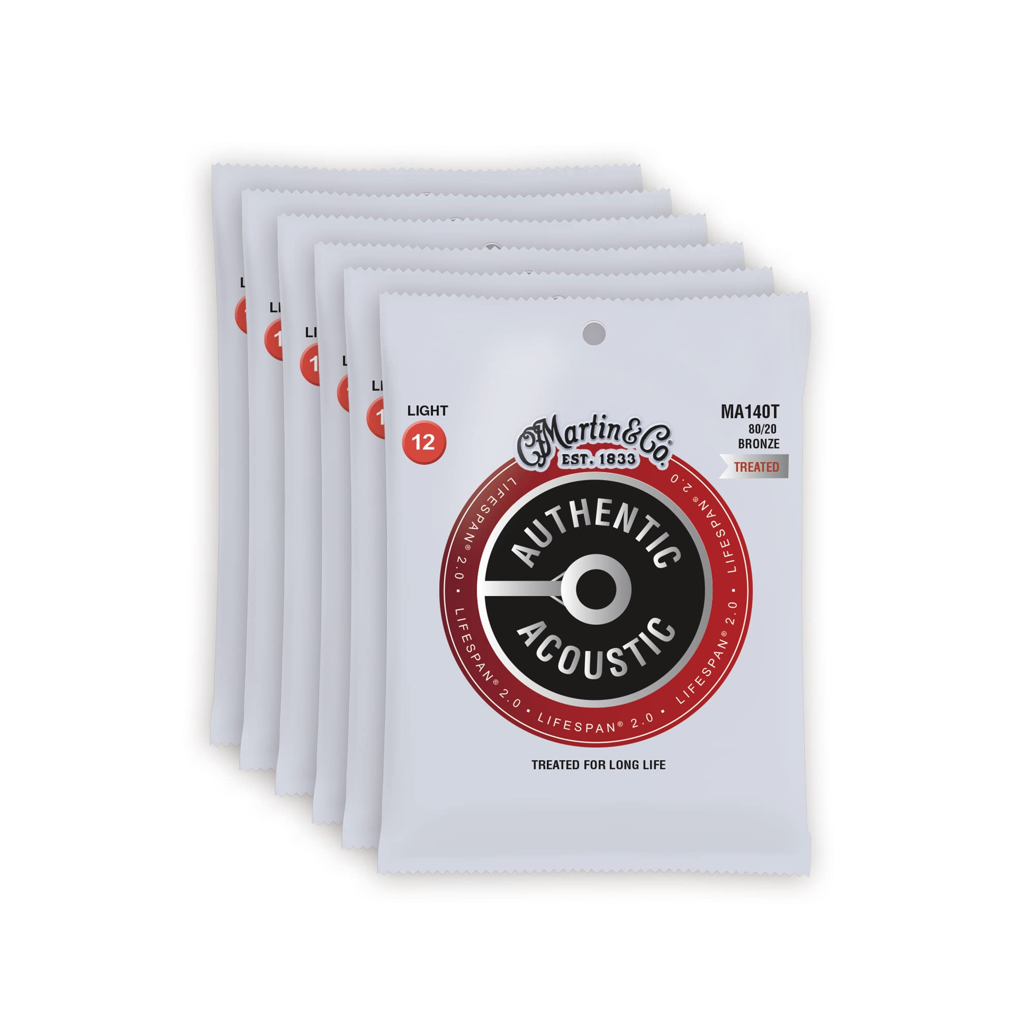 Martin MA140T Authentic Acoustic Guitar Strings - 80/20 Bronze Light 12-54 (6-Pack Bundle) | Long Lifespan & Bright Tone | Perfect for Live Performances, Studio Recording & Daily Practice