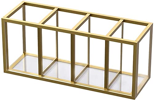 NIUBEE 4-Compartment Acrylic Pen Holder with Gold Copper Border - Stylish Desk Organizer for Pens, Pencils & Office Supplies | Perfect for Home, Office & Workspace Organization