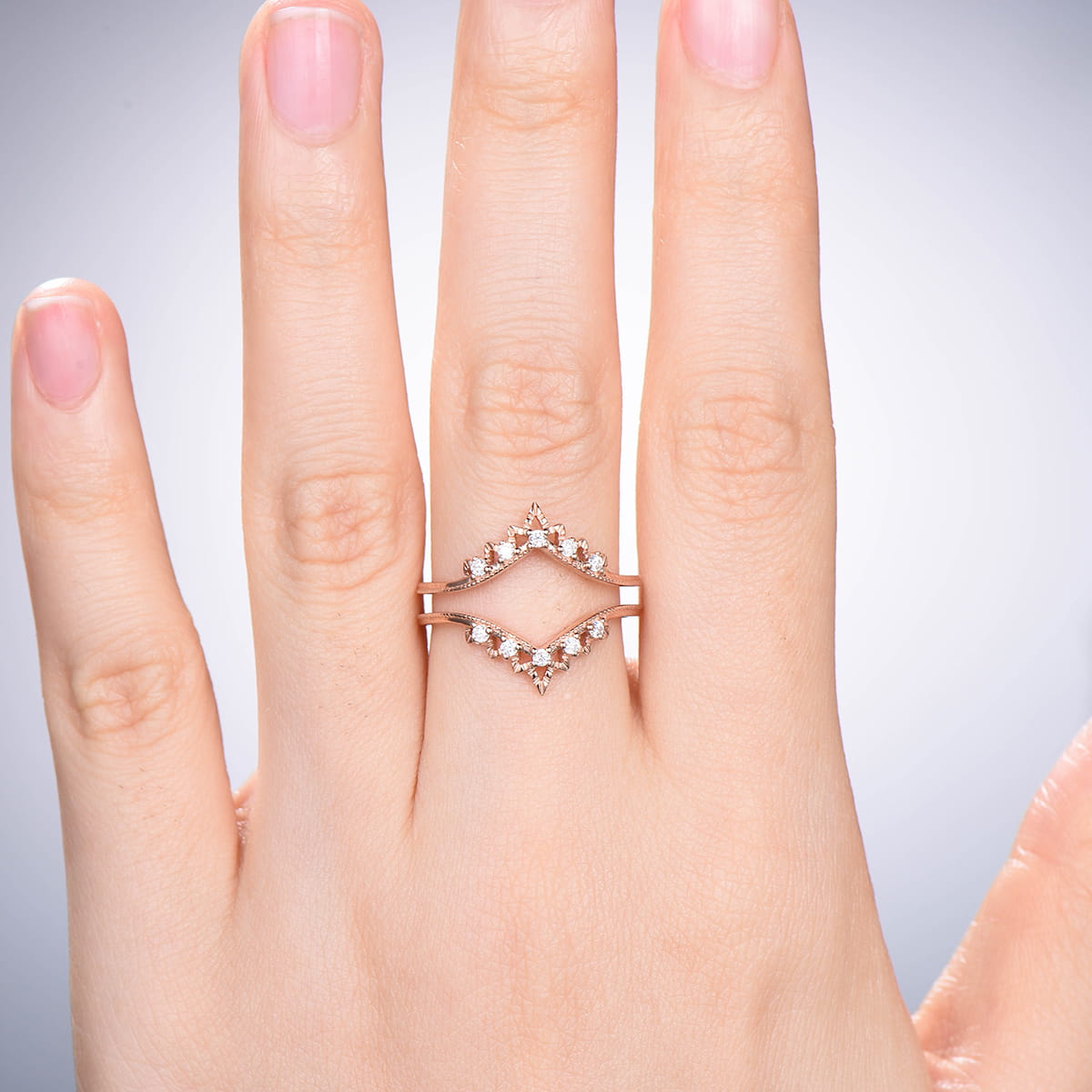 Double Curved V Moissanite Wedding Band for Women - 14K Rose Gold Engagement Promise Ring, Art Deco Diamond Stackable Bridal Jewelry - Perfect for Anniversaries, Proposals & Matching Wedding Sets