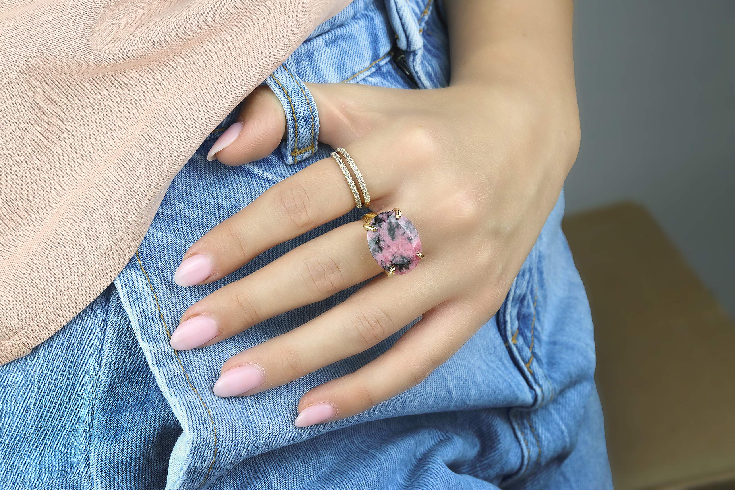 Natural Rhodonite Ring - Gold Filled Oval Gemstone Jewelry for Women - Perfect Gift & Everyday Wear
