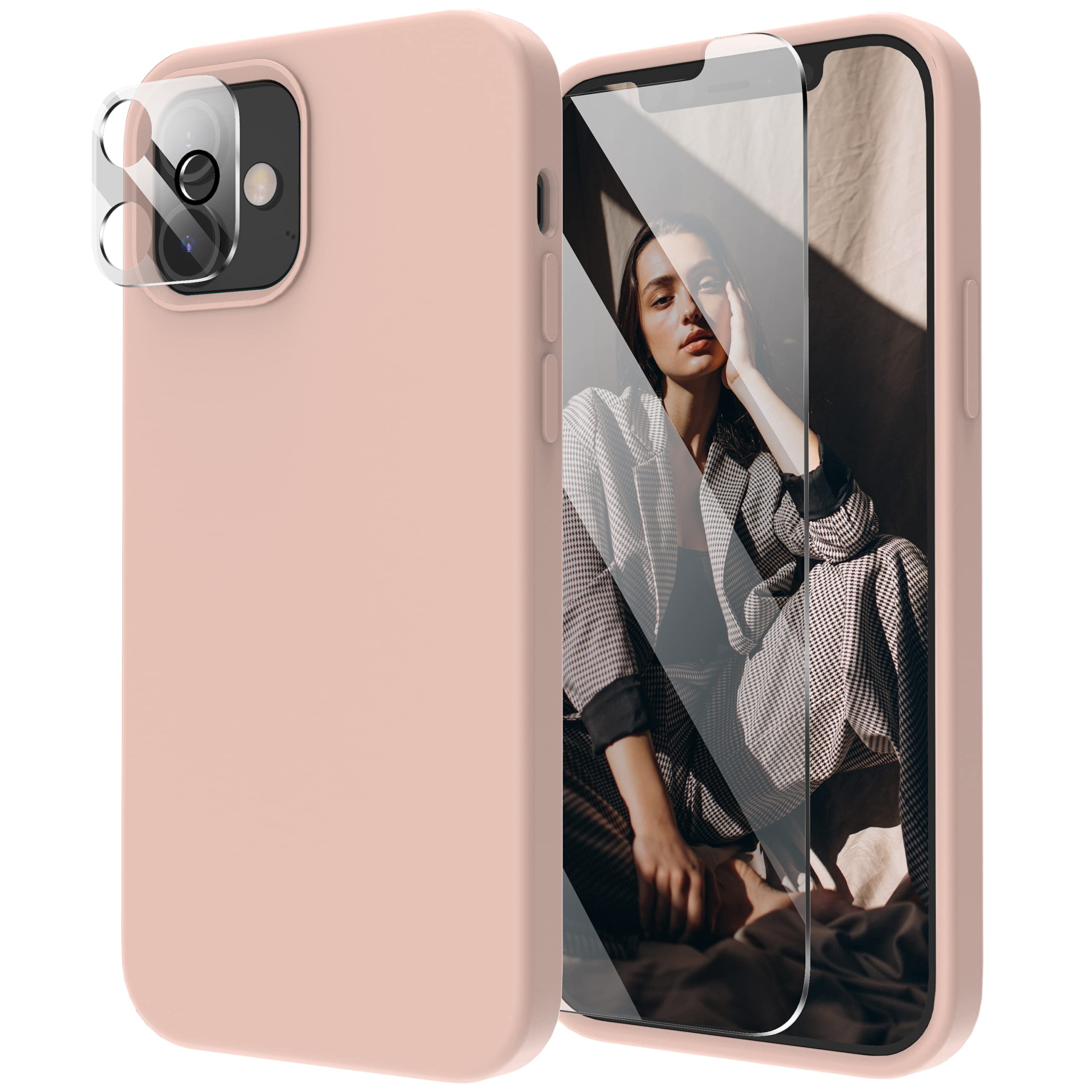 5 in 1 Shockproof Silicone iPhone 12/12 Pro Case with 2 Screen Protectors & 2 Lens Protectors - Pink Sand Color | Slim Protective Cover with Microfiber Lining for Everyday Use, Work & Travel