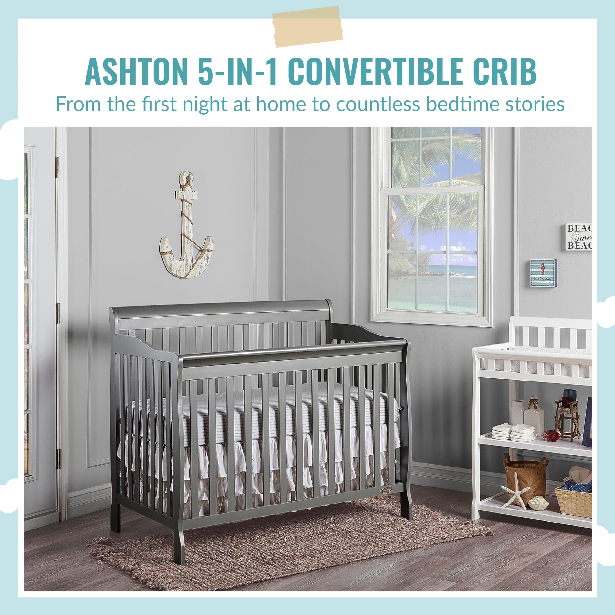 Dream On Me Ashton 4-in-1 Convertible Crib - Storm Grey | GREENGUARD Gold & JPMA Certified | Non-Toxic Solid Pinewood | 4 Adjustable Mattress Heights | Nursery & Baby Room Essential