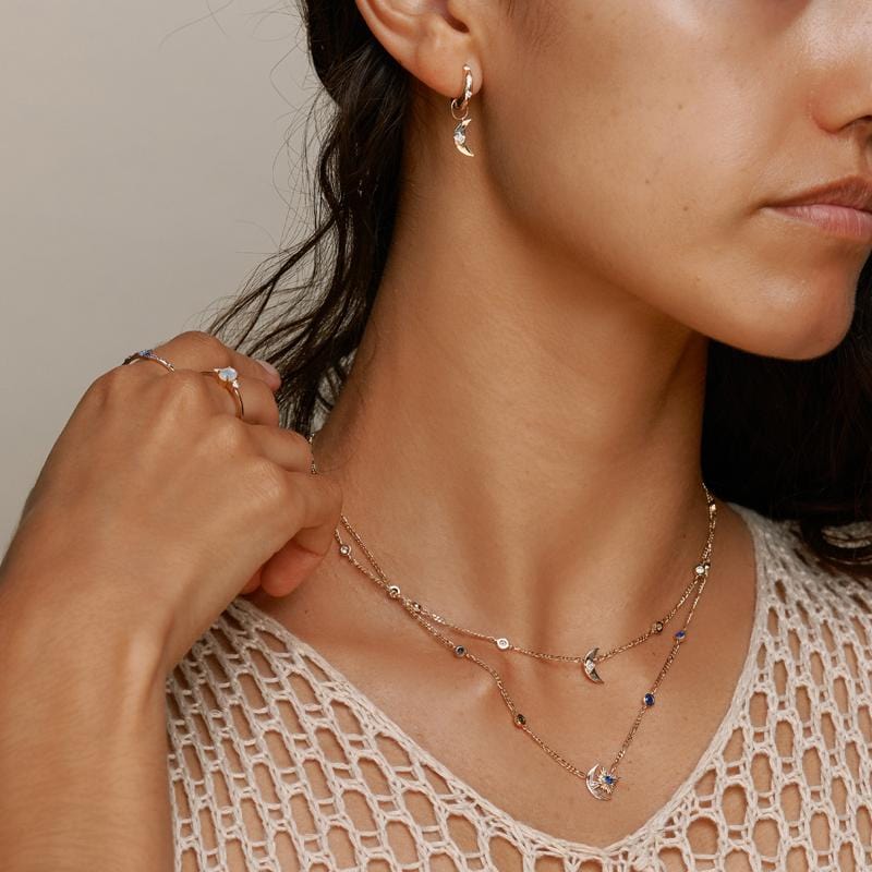 Moon and Star Charm Sapphire Starburst Necklace - Elegant Celestial Jewelry for Women | Perfect for Date Nights, Weddings & Special Occasions