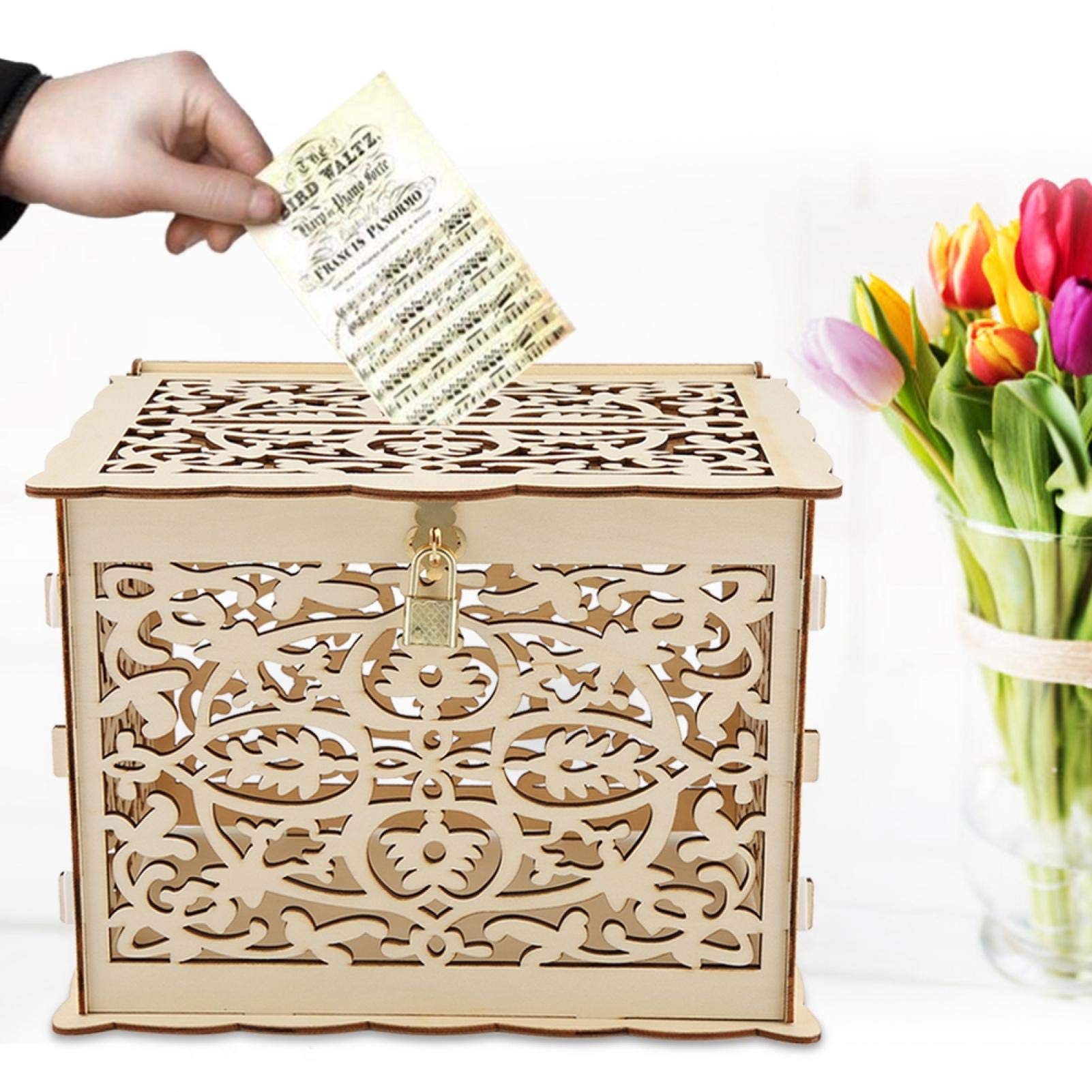 Elegant Wooden Gift Card Box with Lock & Sign - Large Wedding Card Holder for Money, Reception, Anniversary, Baby Shower, Birthday & Graduation Parties - Perfect for Special Occasion Decor & Keepsakes