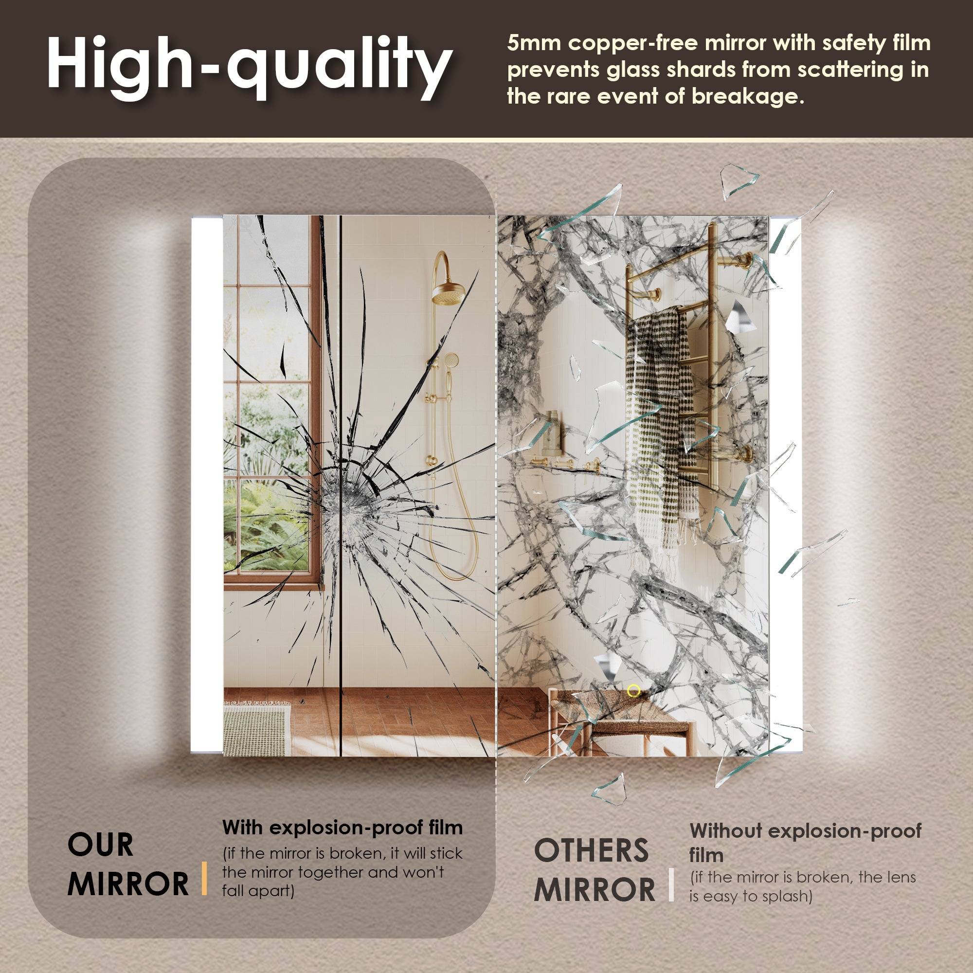 Frameless LED Bathroom Mirror - Rectangular Surface Mount Aluminum Medicine Cabinet with Lighting for Modern Vanity & Makeup Area