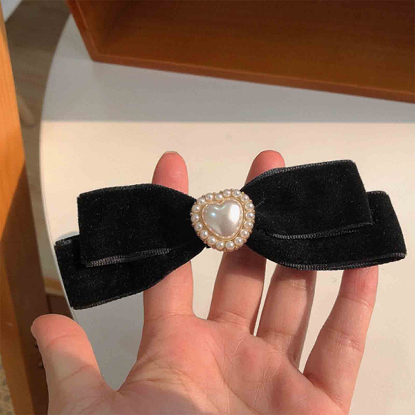 Wendalern Velvet Bow Hair Clips - Black Satin Ribbon Hair Accessories with Pearl Ponytail Holder for Women & Girls | Elegant Headpieces for Weddings, Parties, Prom & Daily Wear