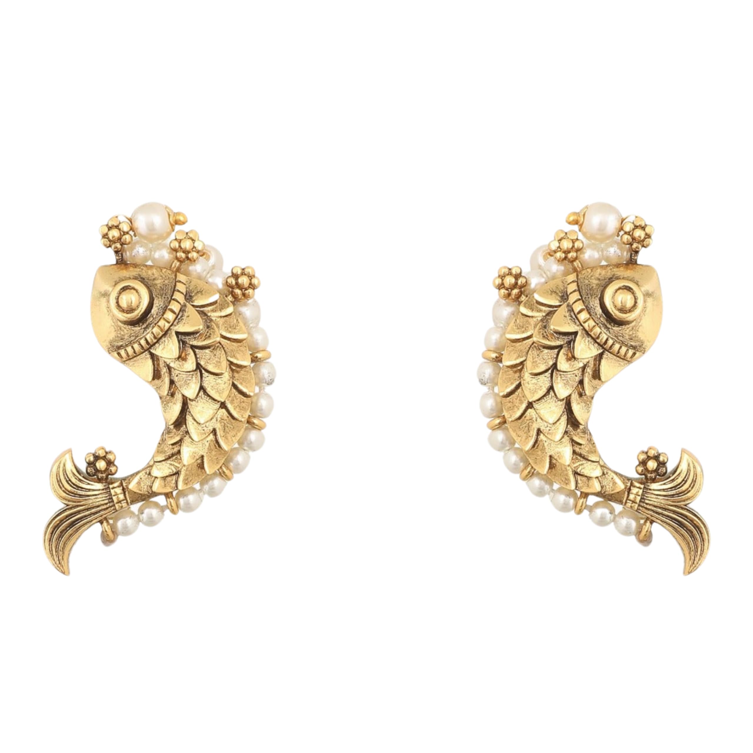 Antique Gold Plated Fish and Pearl Stud Earrings for Women - Traditional Indian Jewelry for Ethnic Occasions, Weddings, and Festivals | Classic Elegant Design | 1 Year Warranty | Perfect Gift for Diwali, Bridal Shower, and Cultural Events