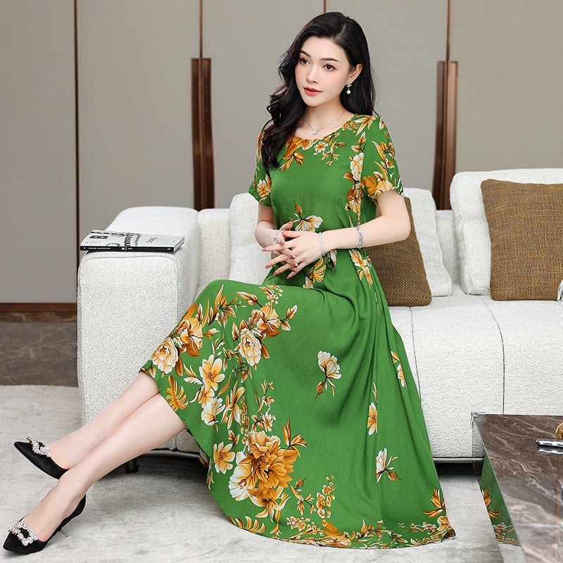 Floral Print O-Neck Women's Dresses - Elegant & Comfortable for Casual Wear, Office, and Special Occasions