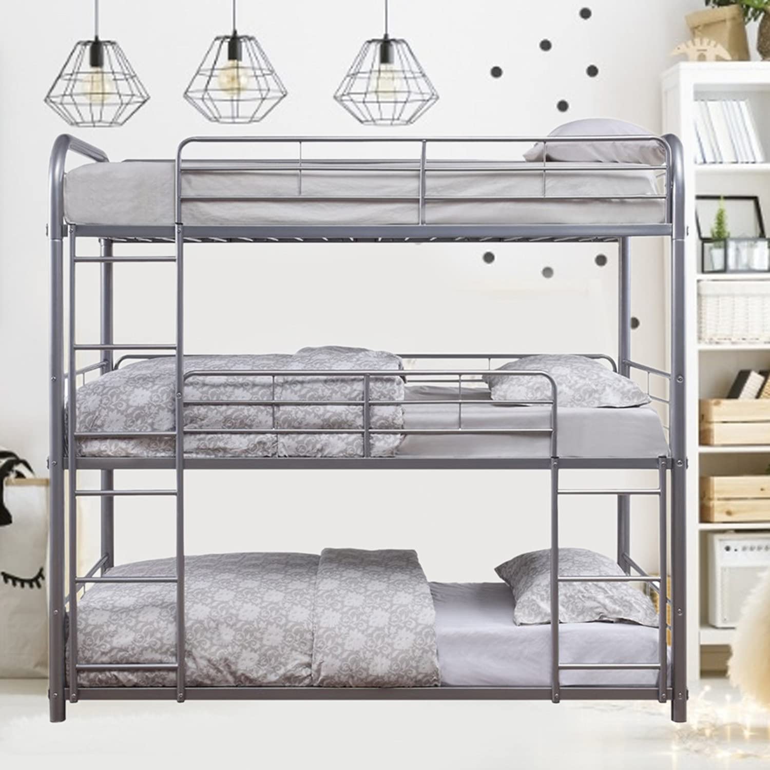 Sturdy Metal Triple Bunk Bed - Twin Over Full with Attached Loft Bed Frame | Safe Design with Ladders & Guardrails for Kids, Teens & Adults | Space-Saving Solution for Dorms, Guest Rooms & Small Apartments (Silver)