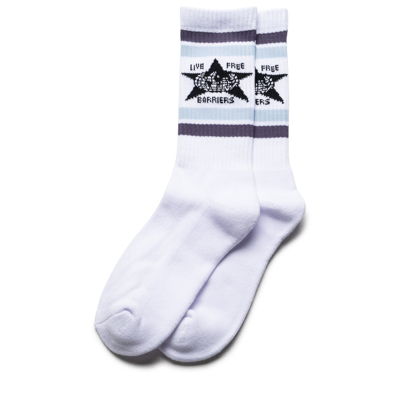 Barriers Worldwide Logo Socks - Blue & Purple Striped Crew Socks for Men & Women - Perfect for Casual Wear, Sports & Gift Giving